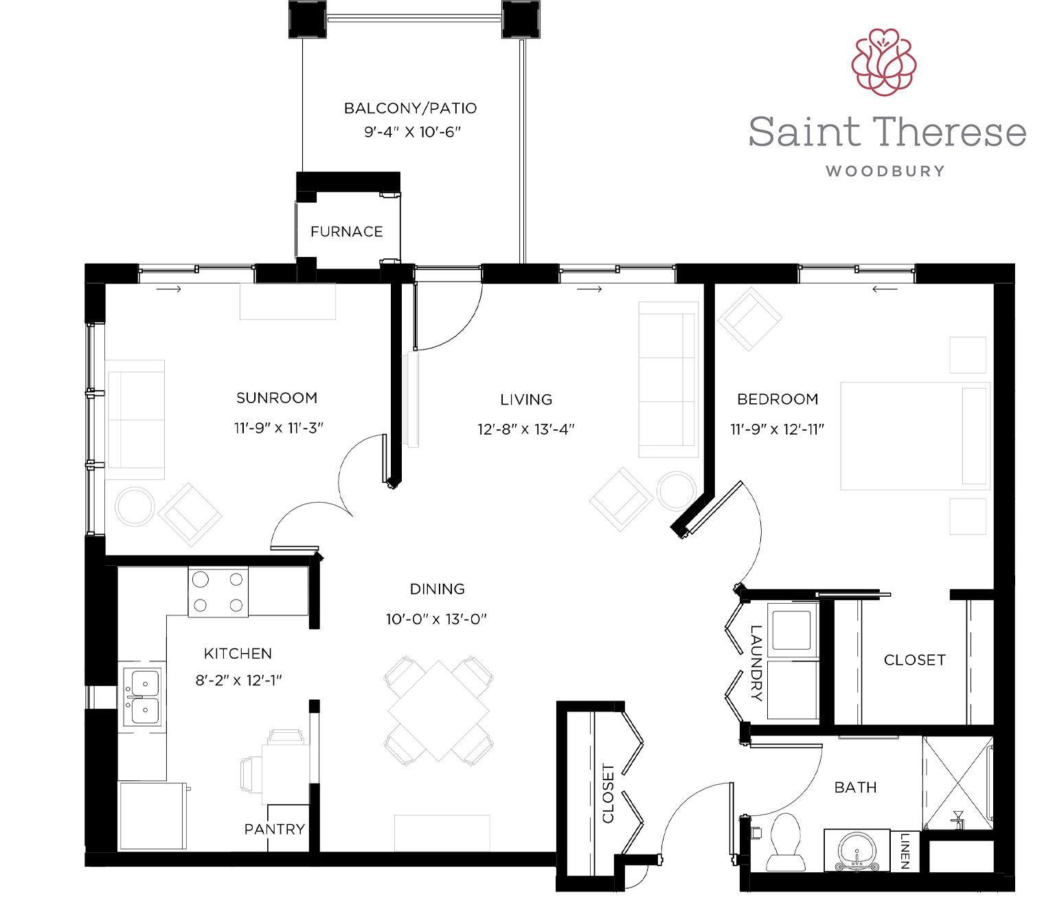 Floor plan for a Saint Therese Woodbury apartment showing a bedroom, living area, dining room, kitchen, and bathroom.
