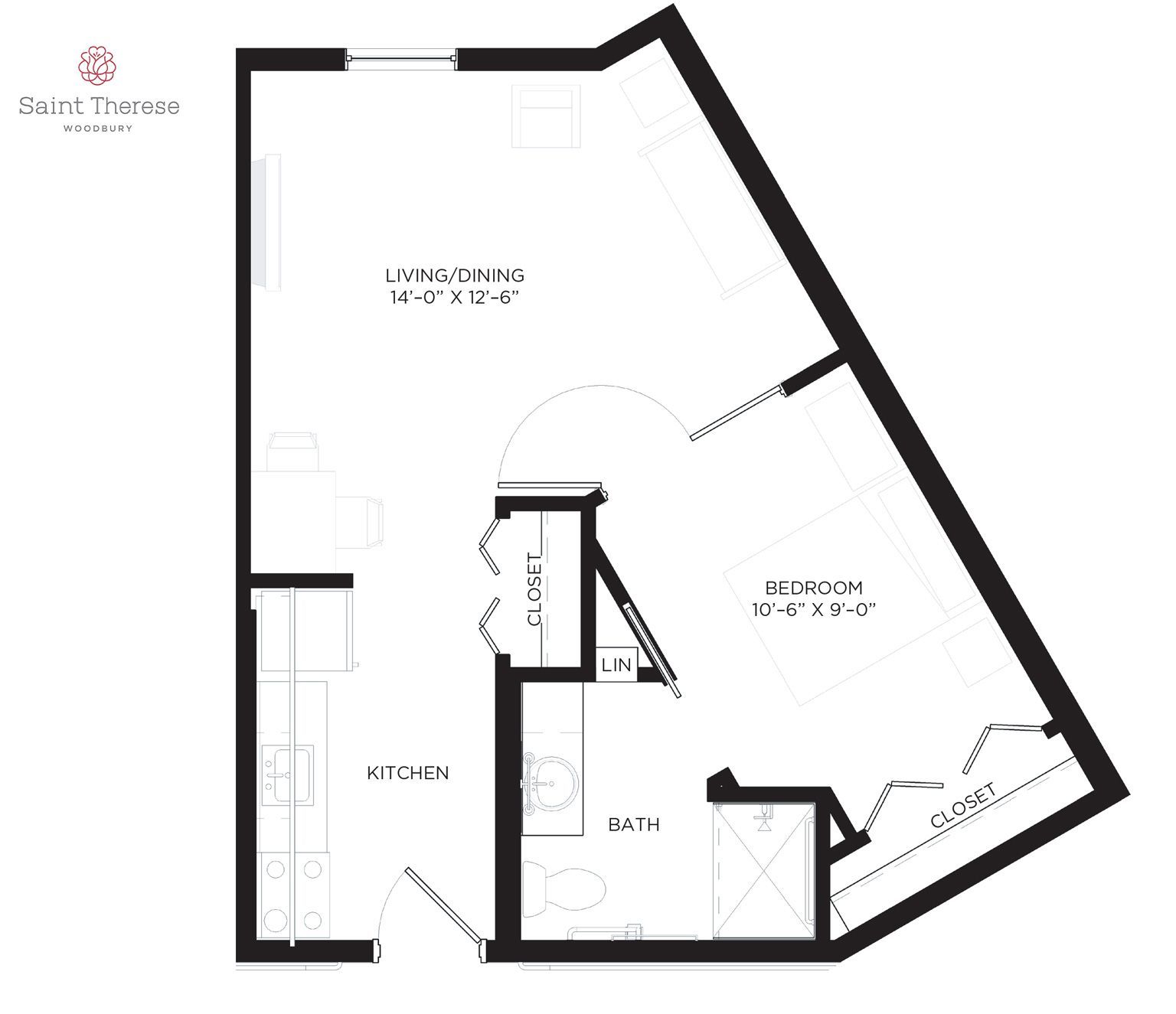 Floor plan for a one-bedroom apartment with a living/dining area, kitchen, bathroom, and bedroom with a closet.