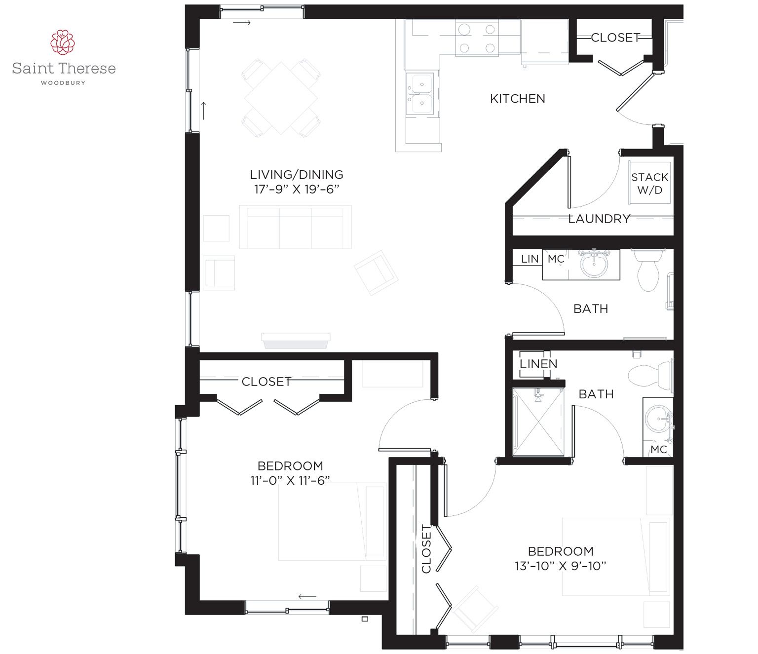 Floor plan of a two-bedroom apartment featuring a central living/dining area, kitchen, two bathrooms, and closets.