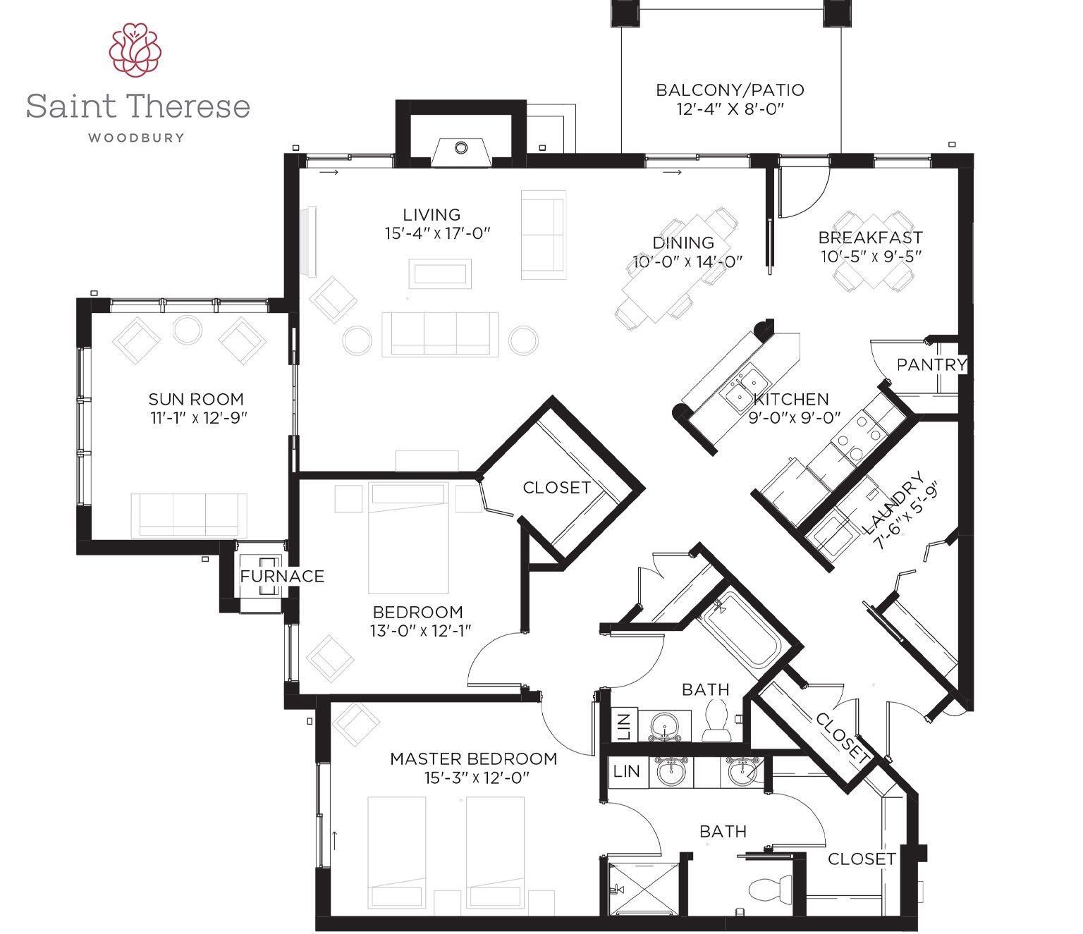 Floor plan for a Saint Therese residence featuring two bedrooms, two baths, a sunroom, dining area, and living space.