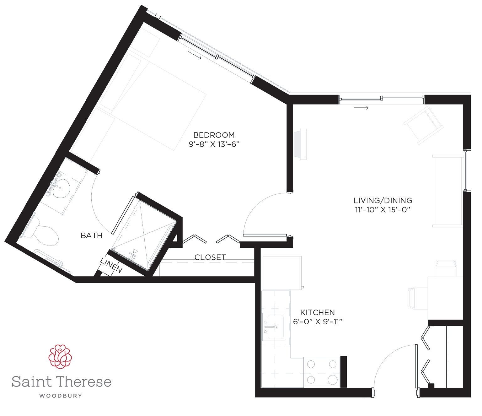 Floor plan for a Saint Therese apartment showing a bedroom, bathroom, closet, living/dining area, and kitchen.