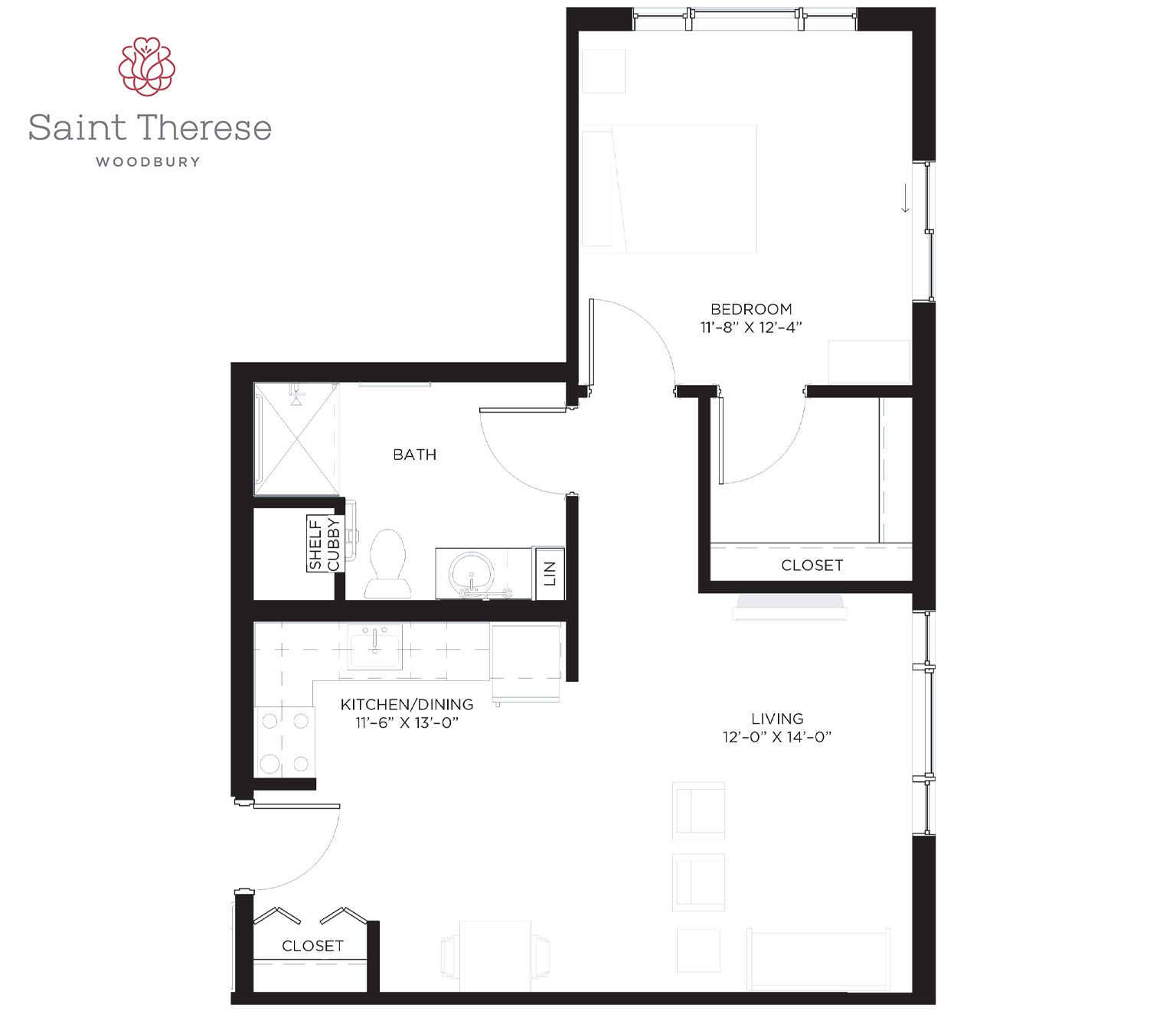 Floor plan of a residential unit at Saint Therese, showing the layout of a bedroom, bathroom, kitchen, and living area.