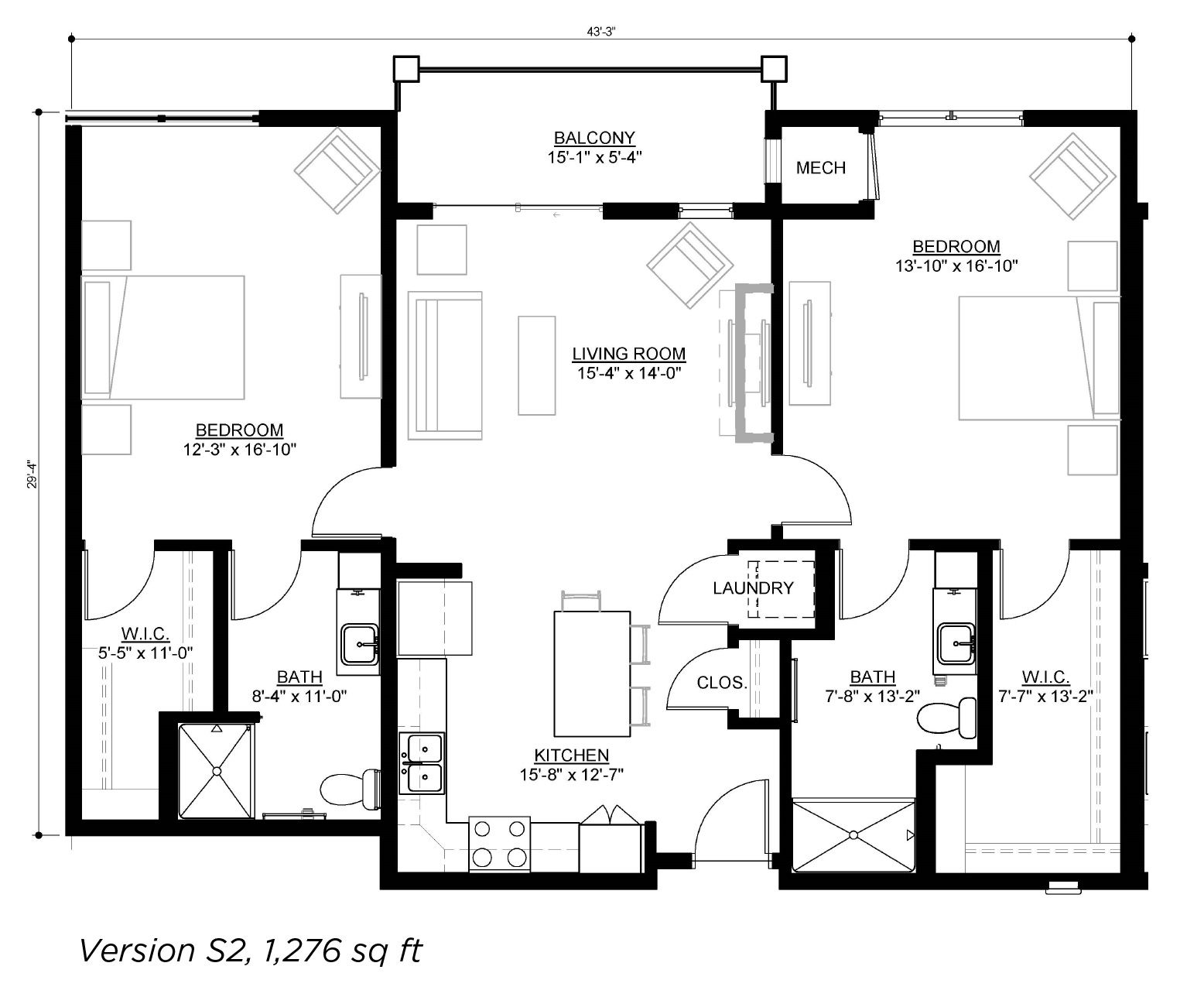 Floor plan for a 1,276 sq ft apartment, labeled Version S2, featuring two bedrooms, two baths, and a central living area.