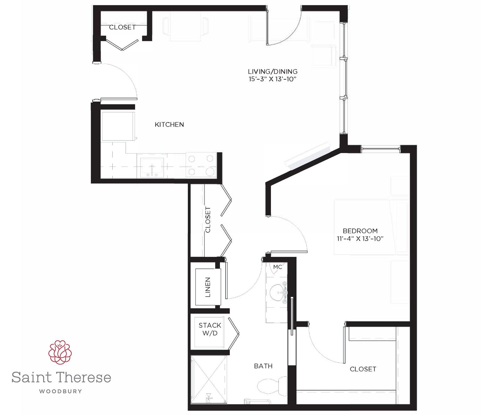 Floor plan of a one-bedroom apartment with a kitchen, living/dining area, bathroom, and closets, labeled Saint Therese.
