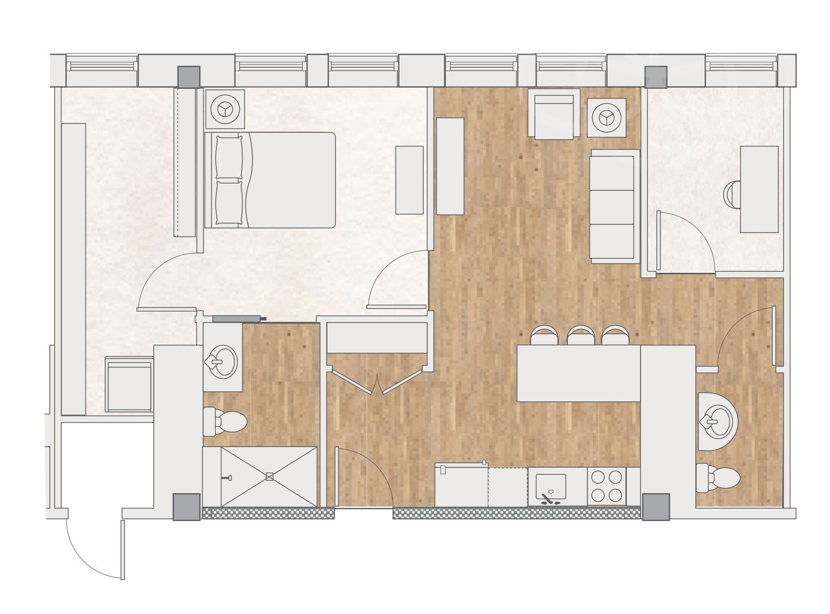 A floor plan for a modern one-bedroom apartment with a living area, kitchen, bathroom, and closet space.