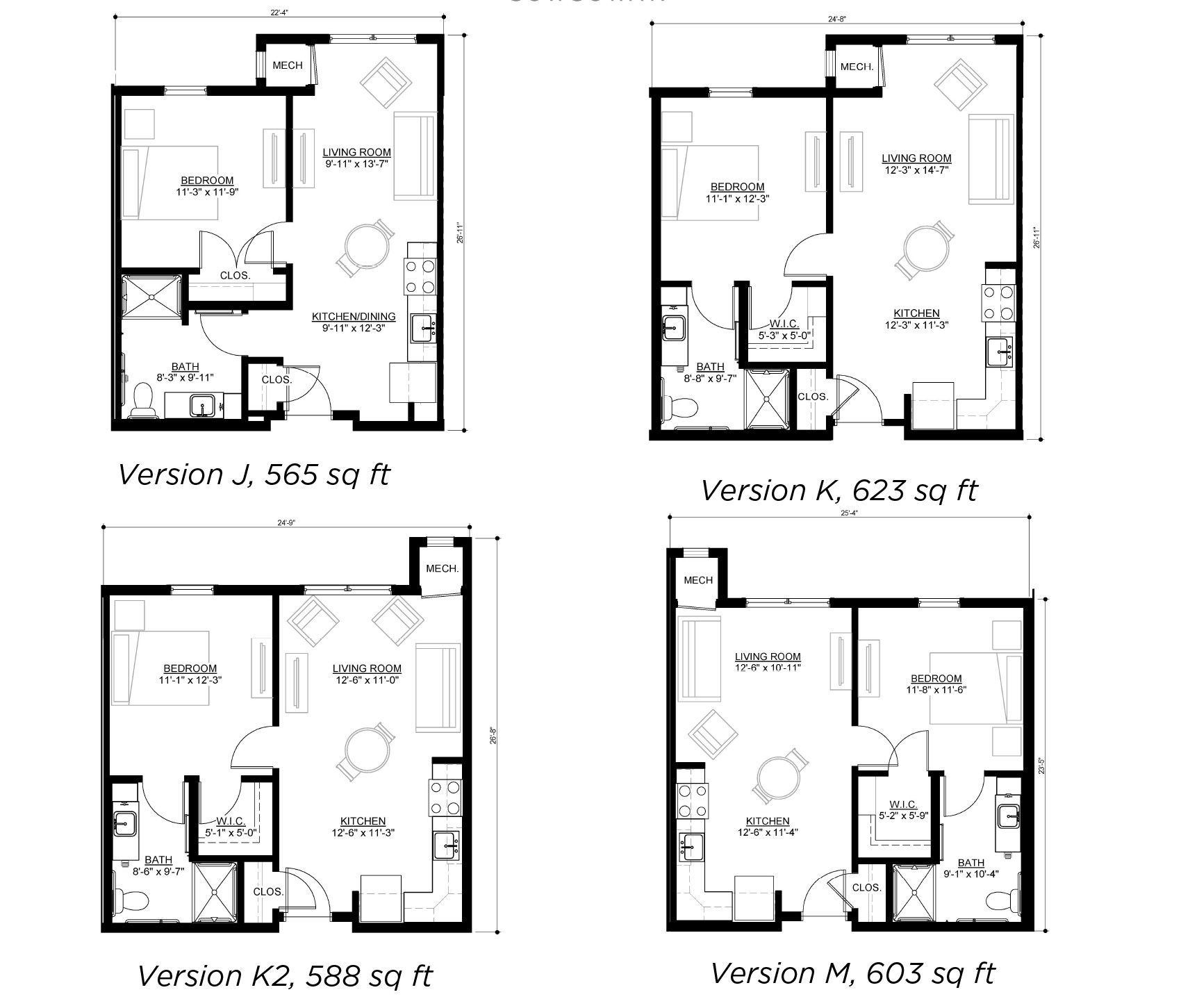 Floor plans for one-bedroom apartments, labeled Versions J (565 sq ft), K (625 sq ft), K2 (588 sq ft), and M (603 sq ft).