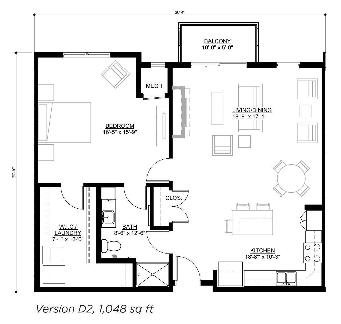Floor plan for a one-bedroom apartment labeled