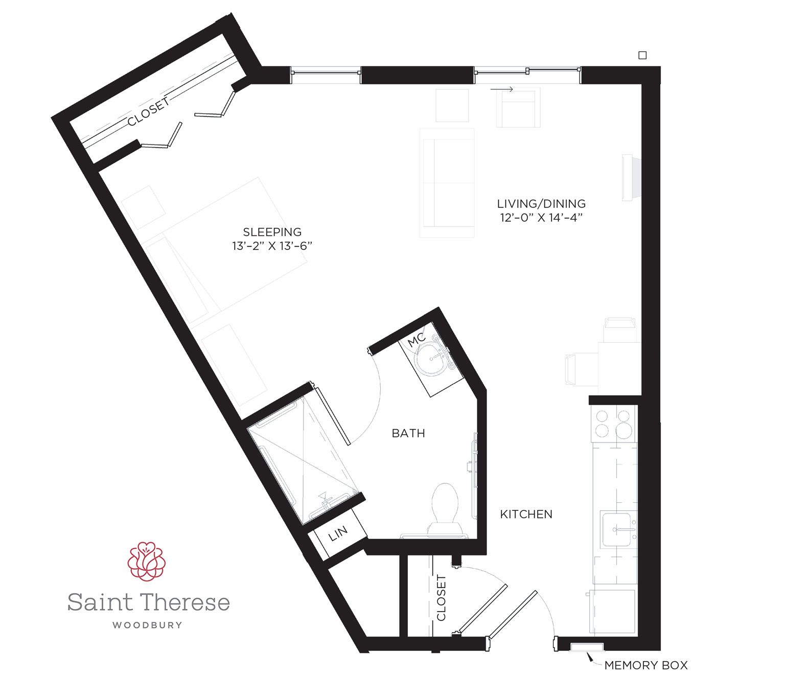 Floor plan for a studio apartment at Saint Therese, showing a sleeping area, living/dining space, kitchen, and bathroom.