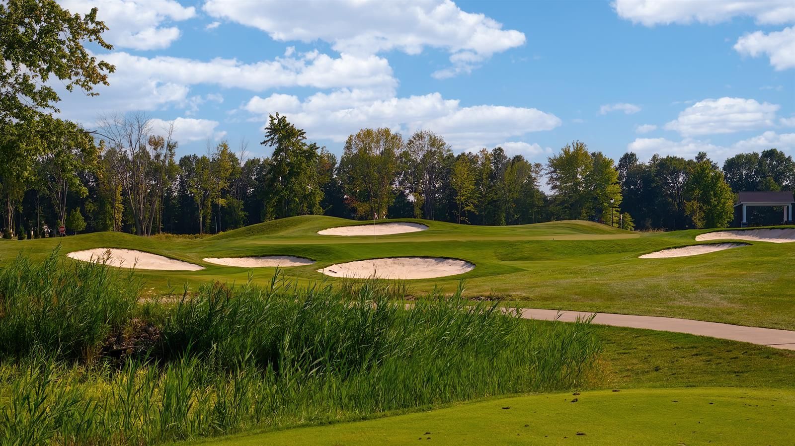A wide-angle view of a golf course featuring multiple sand bunkers, manicured green grass, and trees under a cloudy sky.