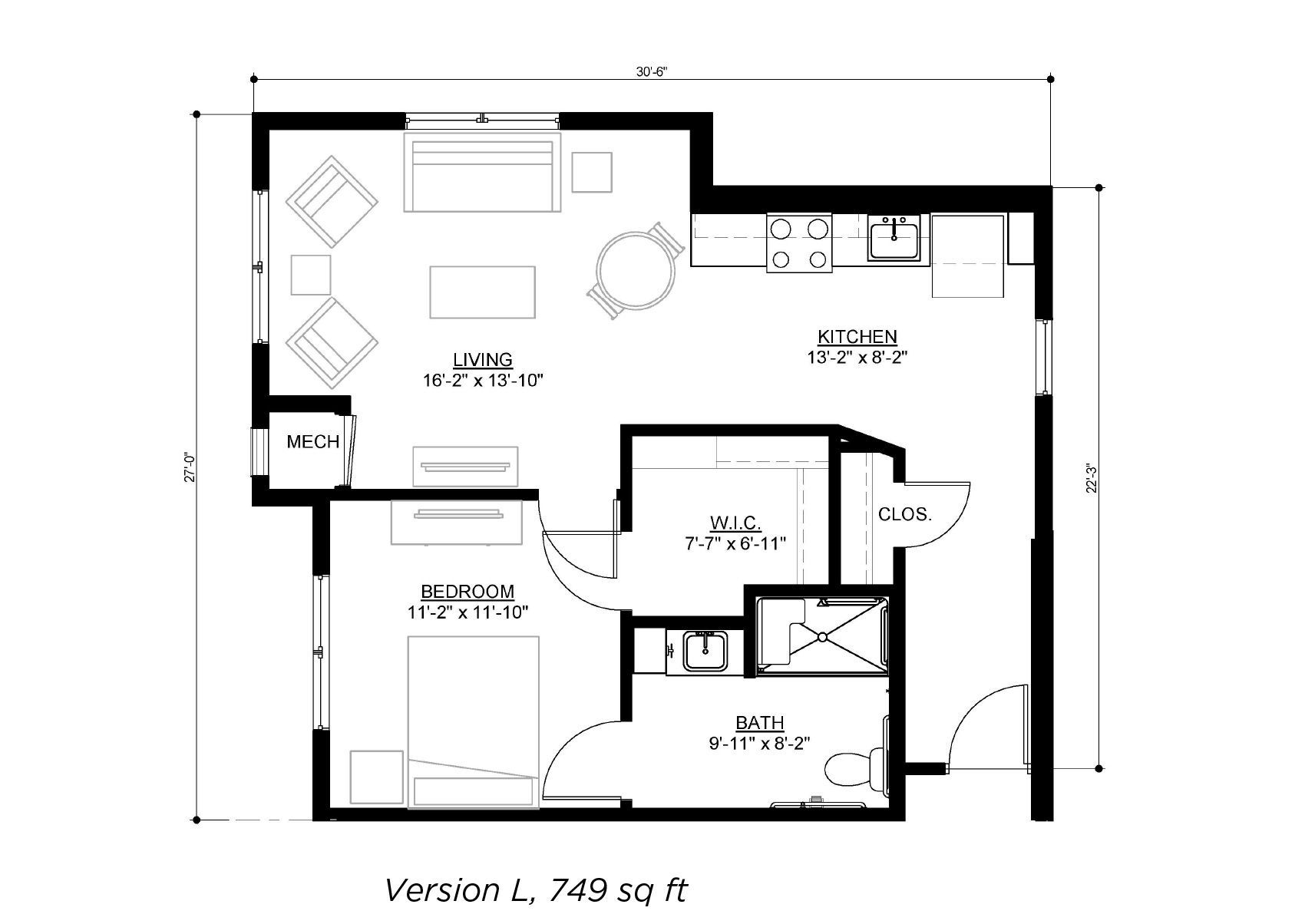 Floor plan for a one-bedroom apartment, 749 square feet, showing kitchen, living area, bedroom, and bathroom layout.