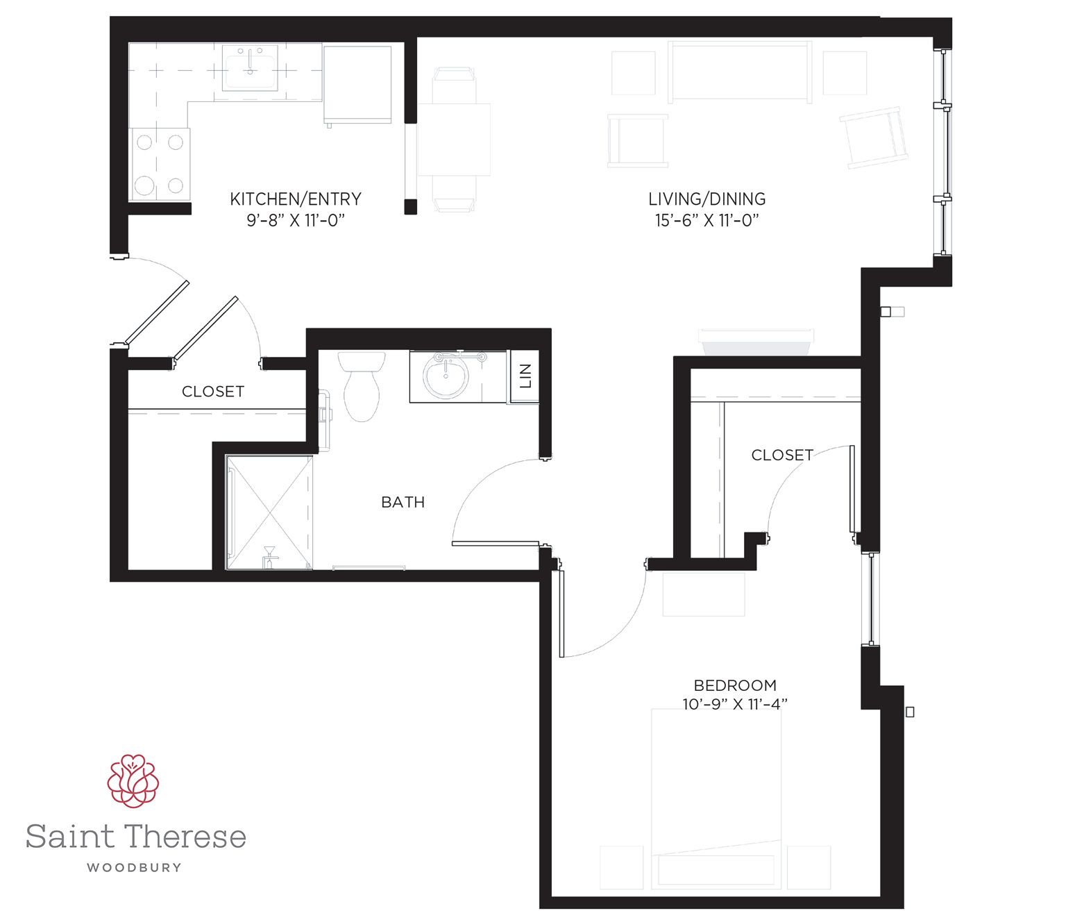 Floor plan of a one-bedroom apartment with a kitchen/dining area, living room, bathroom, and bedroom with a closet.