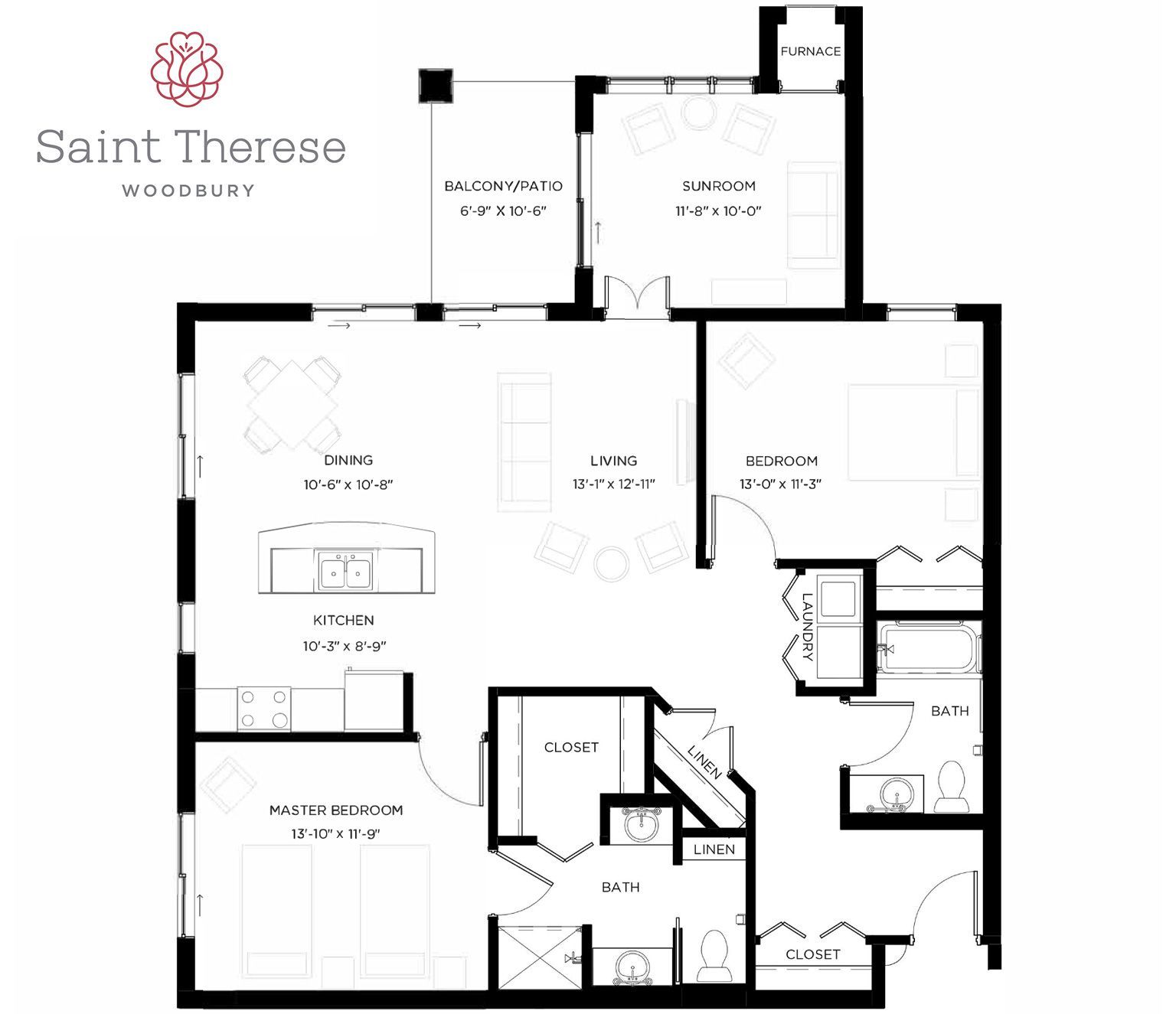 Floor plan for a Saint Therese Woodbury apartment unit showing the layout of two bedrooms, two baths, kitchen, and balcony.