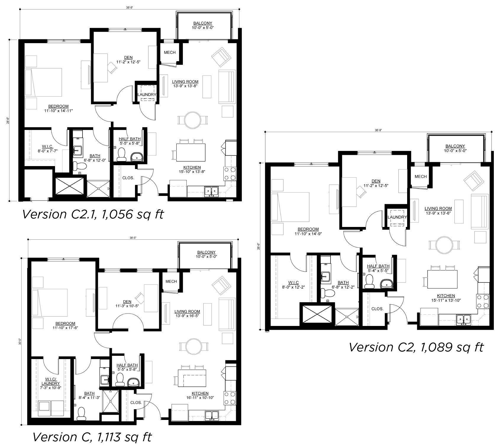 Three floor plan diagrams for apartment layouts labeled Version C2.1, Version C2, and Version C, with square footage labels.