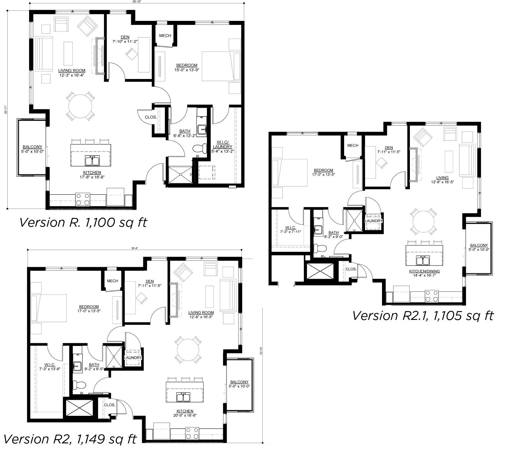 Three floor plan layouts labeled Version R, R2.1, and R2, displaying different unit configurations and square footage.