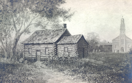 A sepia-toned sketch showing a log cabin in the foreground with a church building visible in the distance.