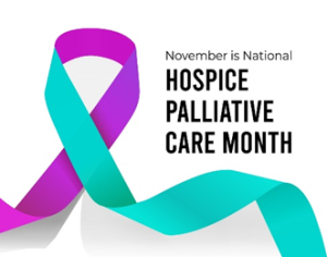 A teal and purple awareness ribbon next to text that reads: November is National Hospice Palliative Care Month.