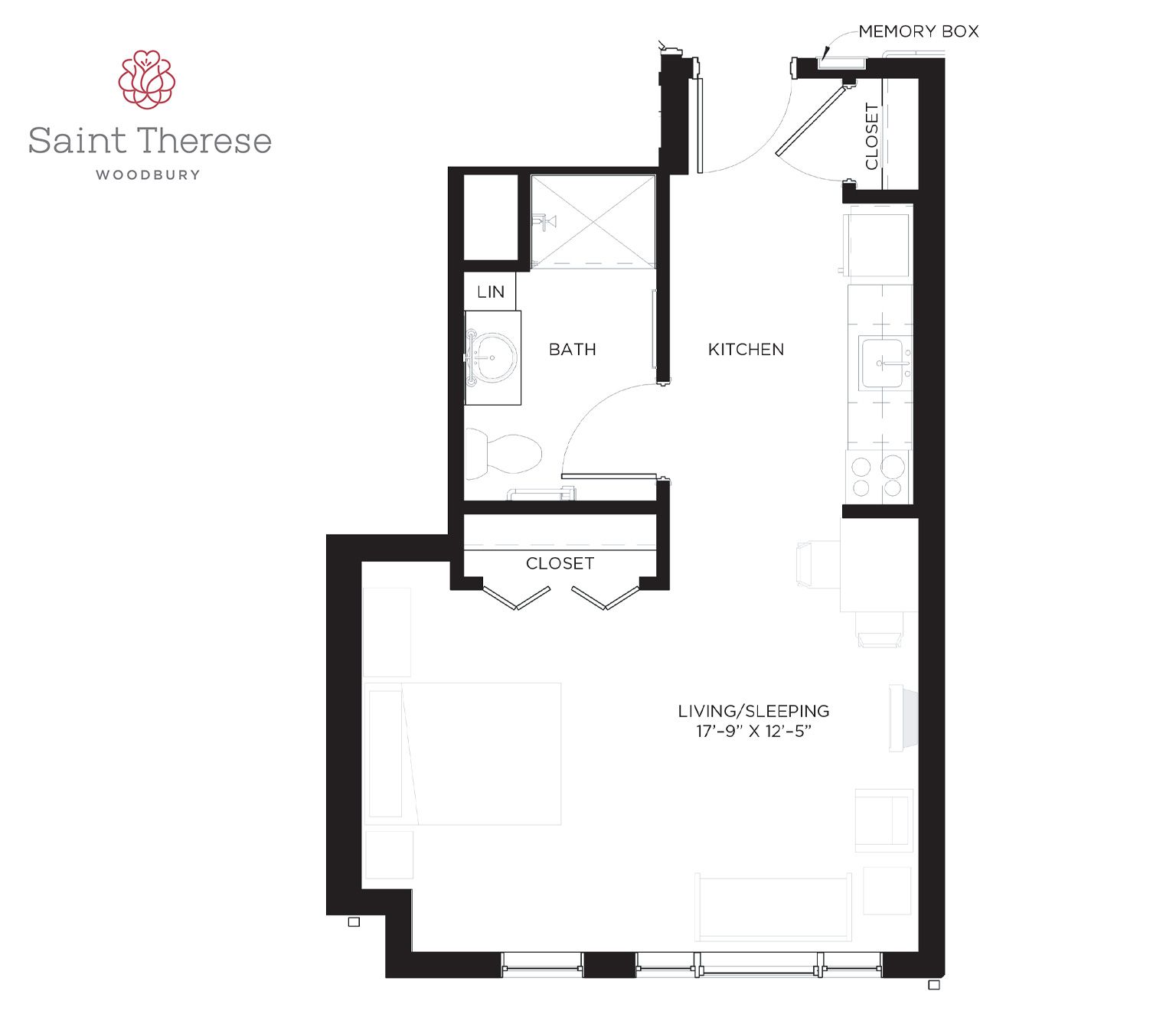 Floor plan for a Saint Therese residence featuring a kitchen, bathroom, closet, and a combined living/bedroom area.
