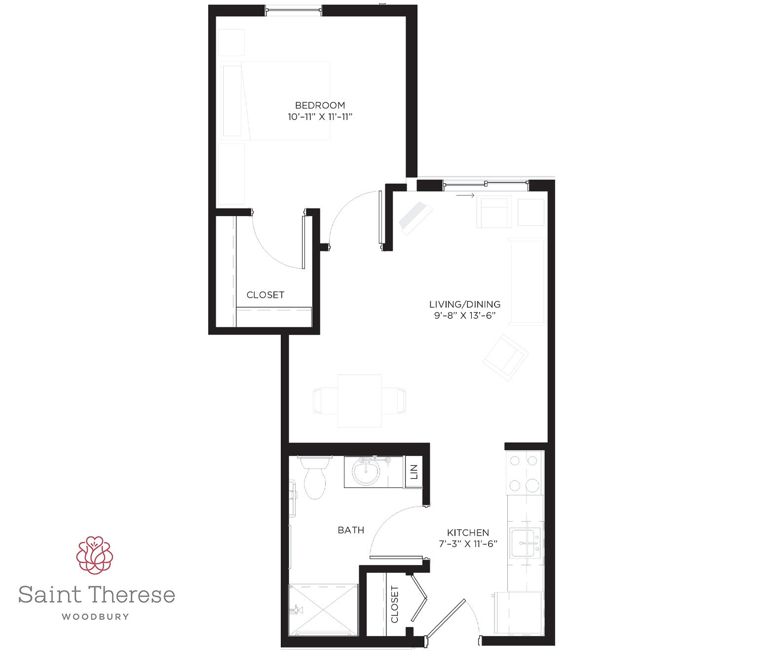 Floor plan for Saint Therese, showing a living area, bedroom, kitchen, bath, and closets.