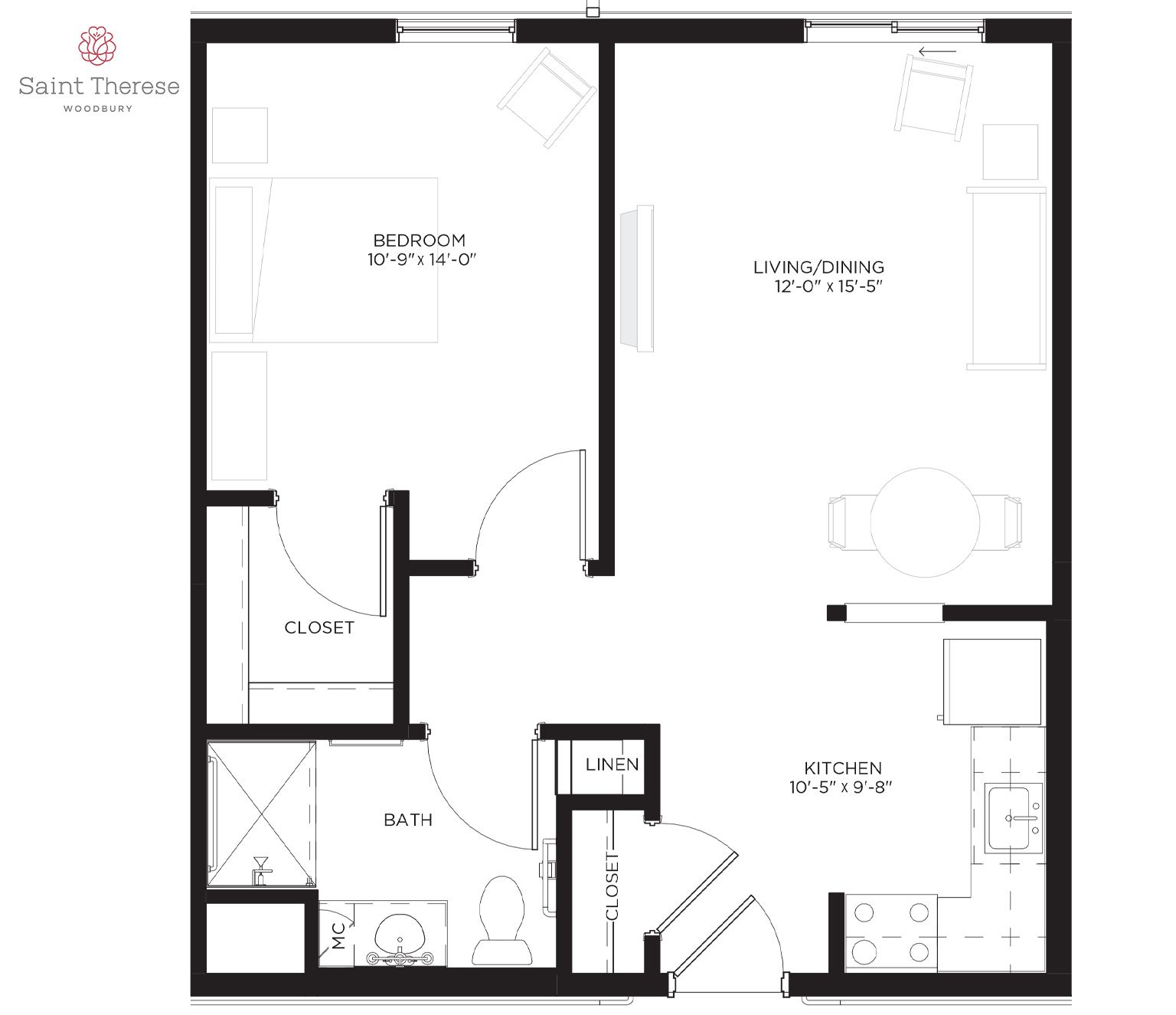 Floor plan for a one-bedroom apartment with a living/dining area, kitchen, bathroom, and closet.