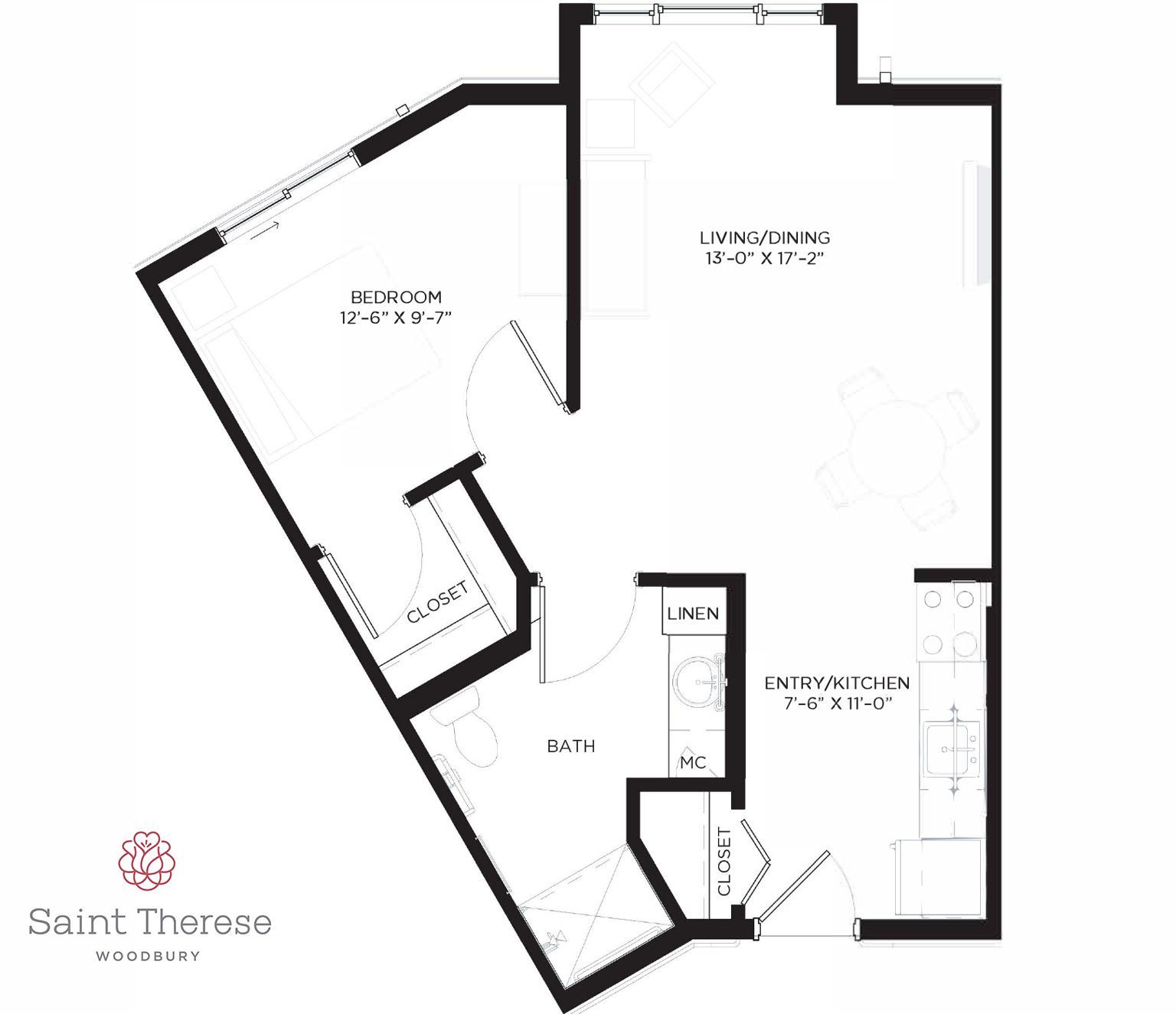 Floor plan of a one-bedroom apartment with a living/dining area, kitchen, bathroom, and closet at Saint Therese Woodbury.