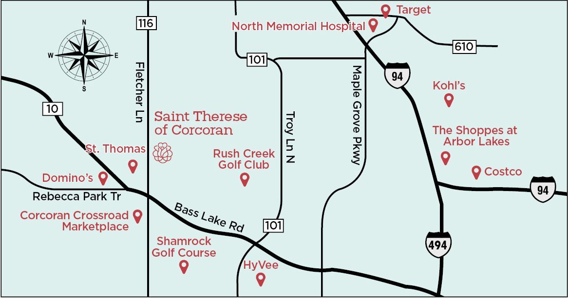 A map showing local roads and landmarks, including hospitals, golf courses, and shopping centers in a light blue layout.