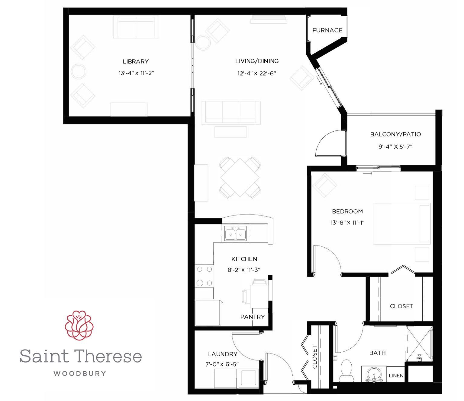 Floor plan for a one-bedroom apartment at Saint Therese Woodbury, showing a kitchen, living area, bedroom, and bath.