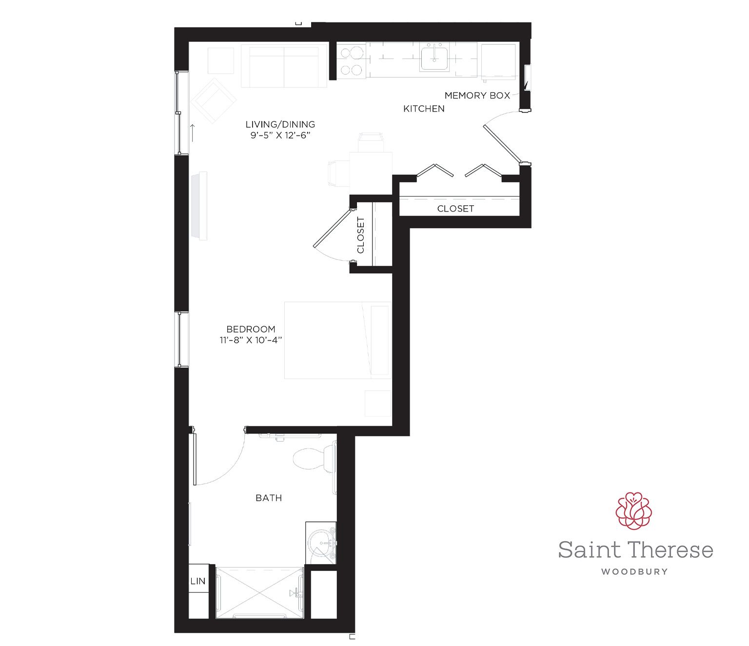 Floor plan for a Saint Therese apartment showing a living area, bedroom, kitchenette, closet, and bathroom.