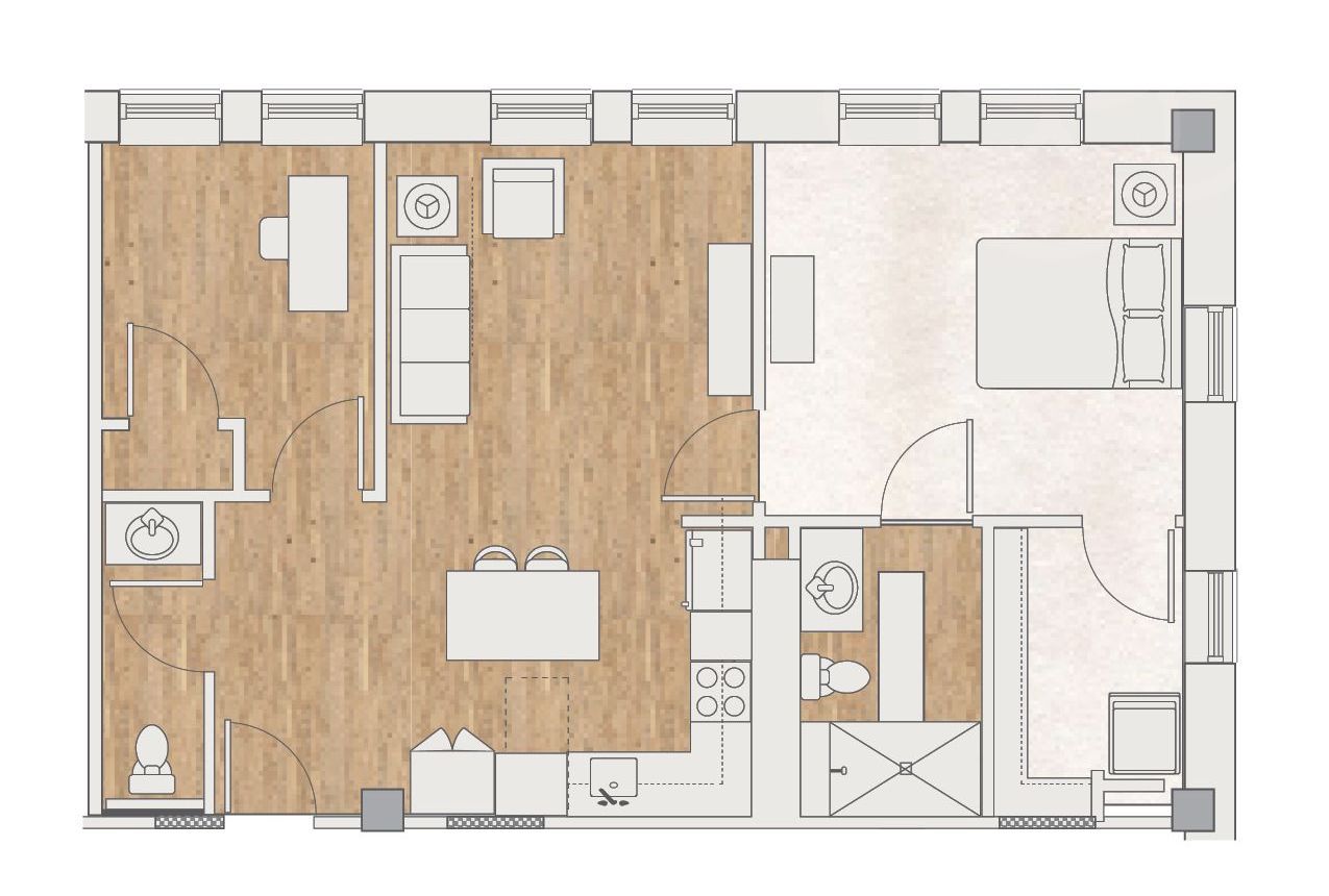A top-down floor plan showing a one-bedroom apartment with a living area, kitchen, bathroom, and bedroom.