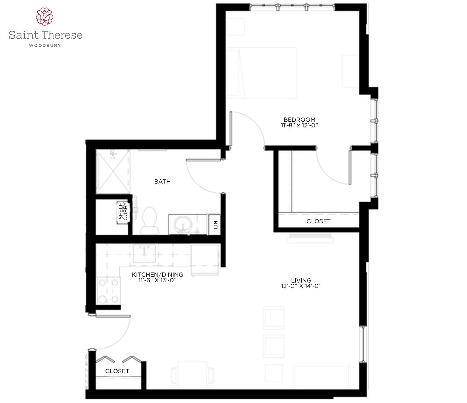 Floor plan for a Saint Therese residence apartment, featuring a bedroom, bathroom, closet, kitchen, and living area.