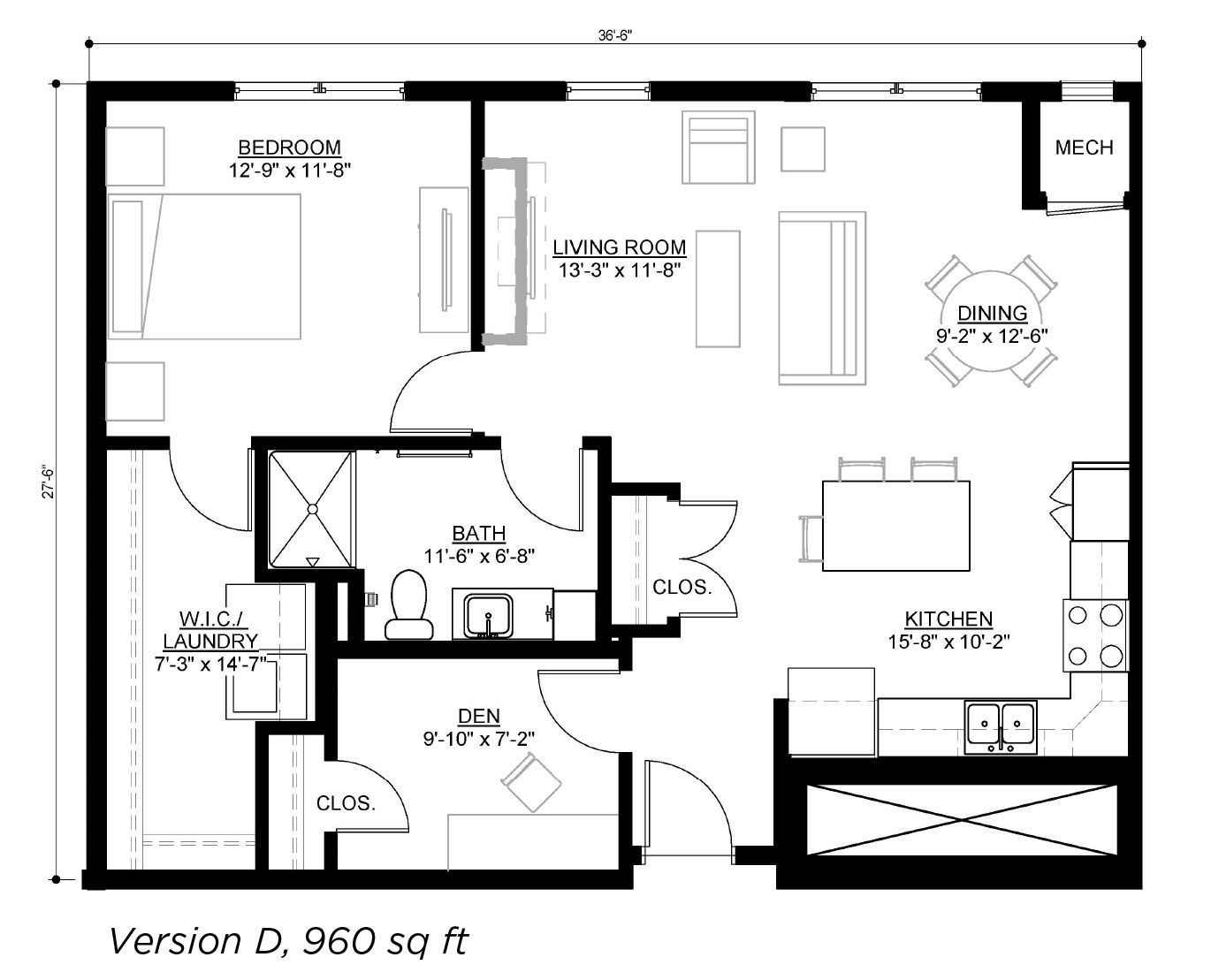Floor plan for a 960 sq ft one-bedroom apartment featuring a living area, kitchen, bathroom, laundry room, and den.