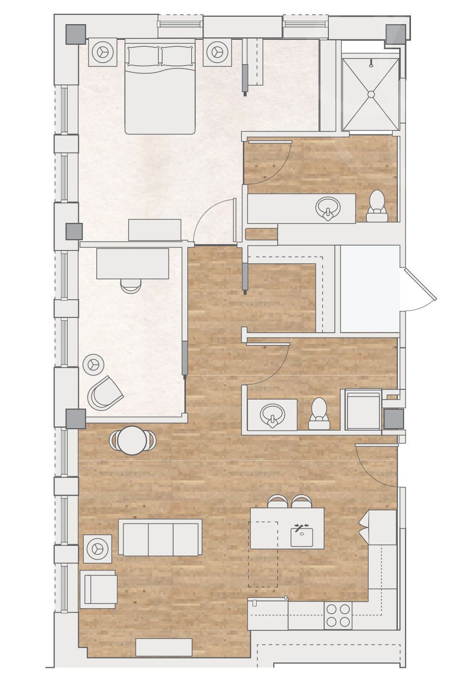 Floor plan of a one-bedroom apartment with a living area, kitchen, bathroom, bedroom, and study nook.