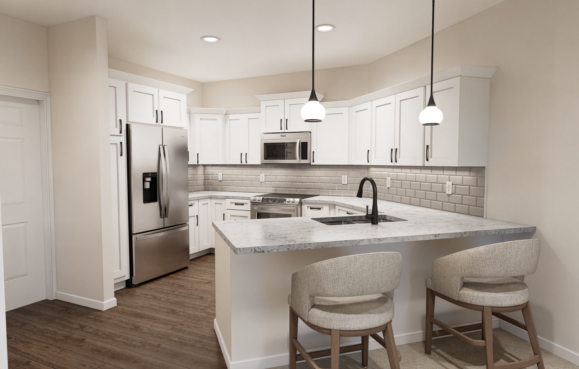 A bright kitchen with white cabinets, stainless steel appliances, a granite-topped peninsula, and two bar stools.
