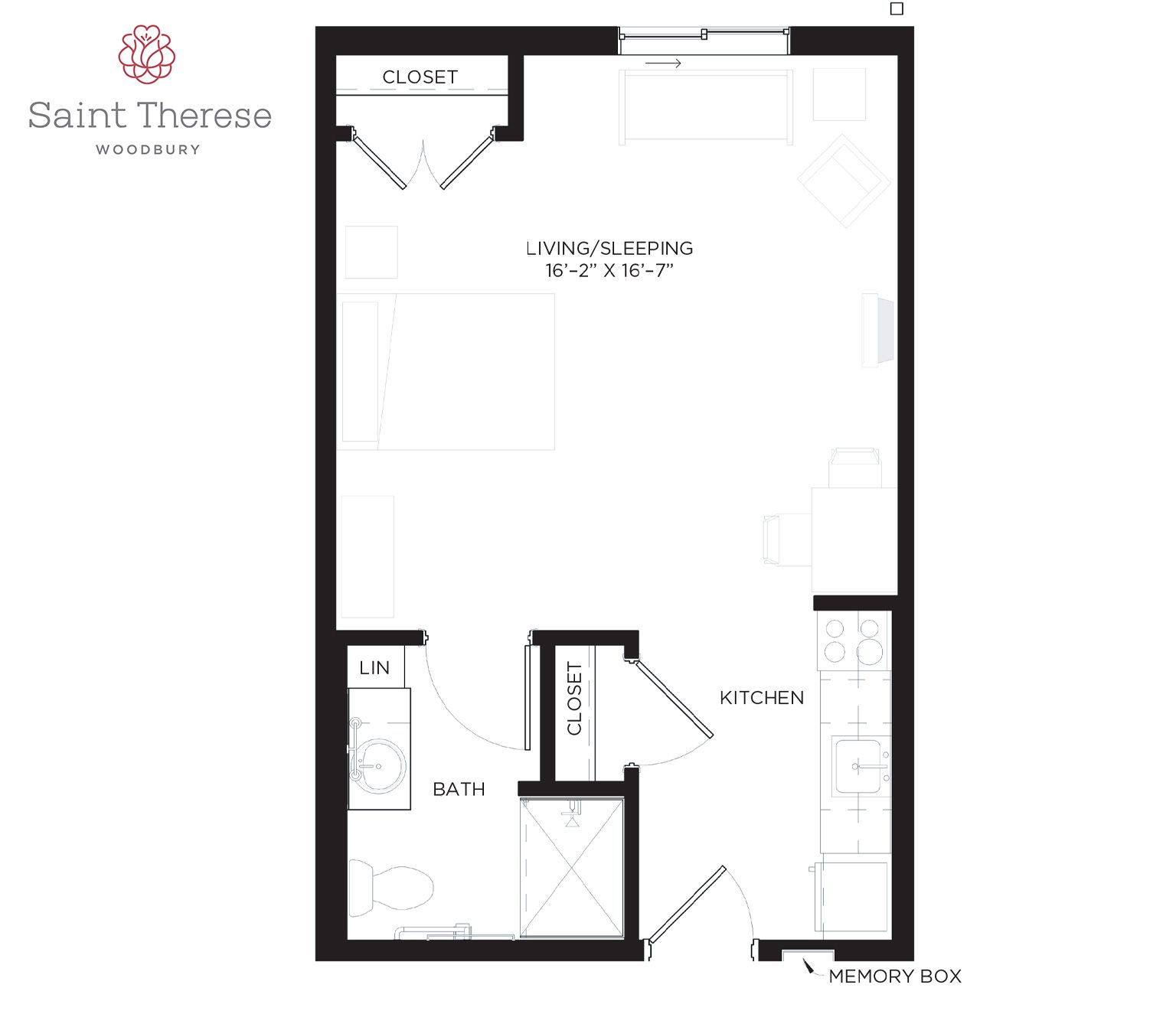Floor plan for a Saint Therese residence featuring a living/sleeping area, kitchen, bathroom, and closets.