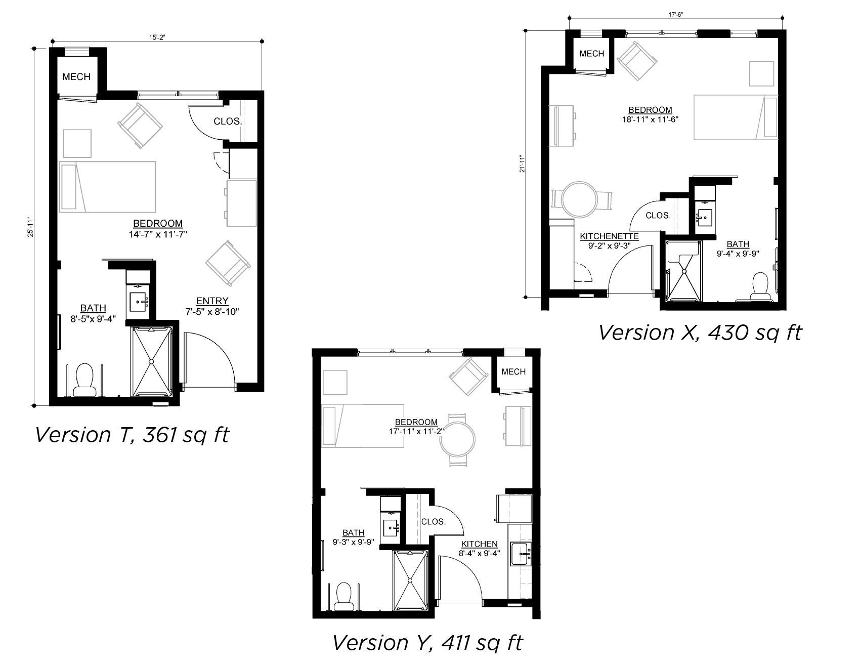Three floor plans for small apartments labeled Version T (351 sq ft), Version X (430 sq ft), and Version Y (411 sq ft).