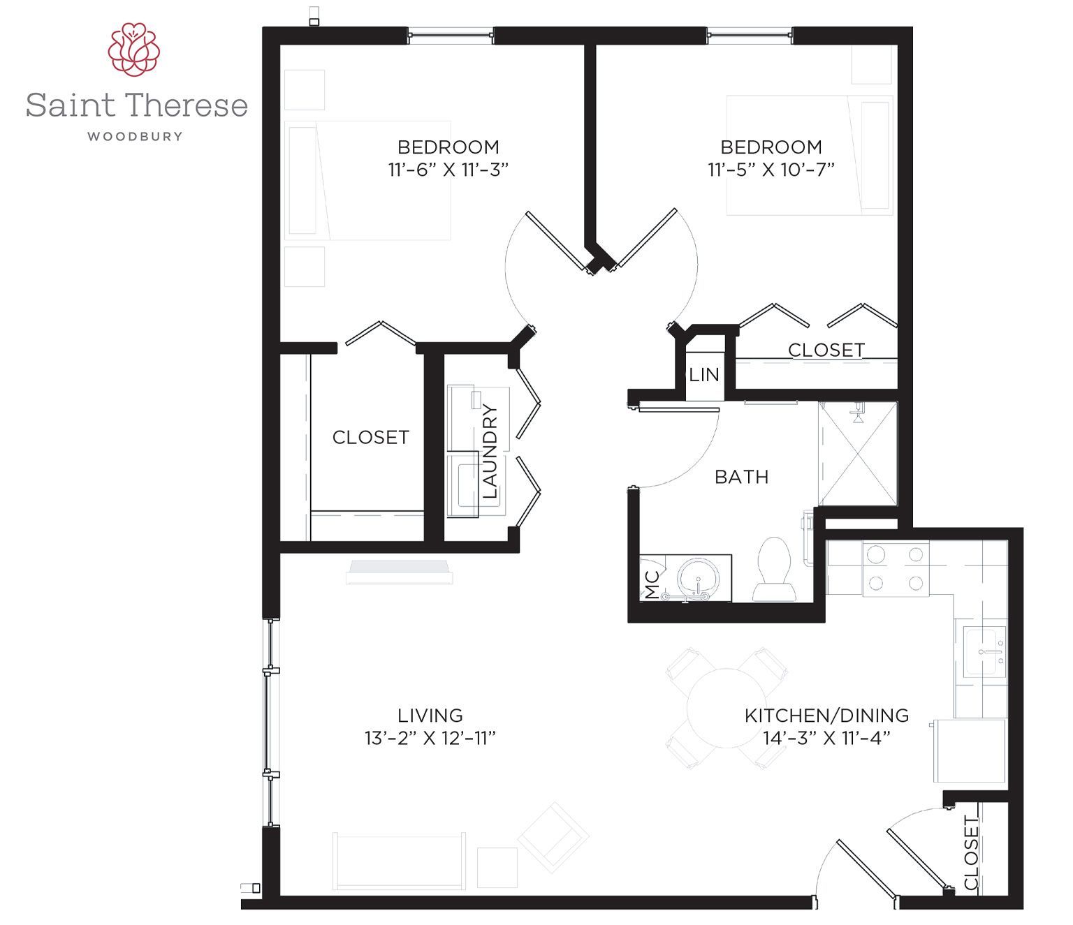 Floor plan for a two-bedroom apartment, featuring a living room, kitchen/dining area, one bathroom, and laundry closet.