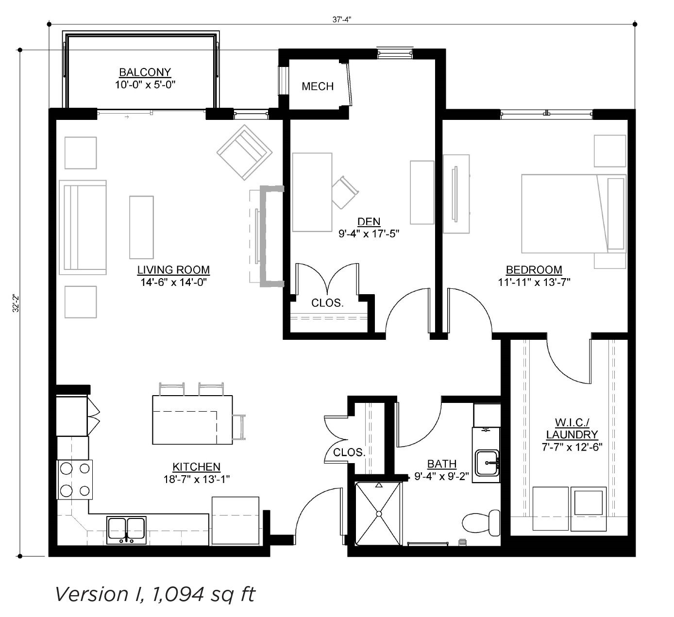 Floor plan of a 1,094 sq ft apartment featuring a living room, kitchen, bedroom, den, bathroom, and balcony.