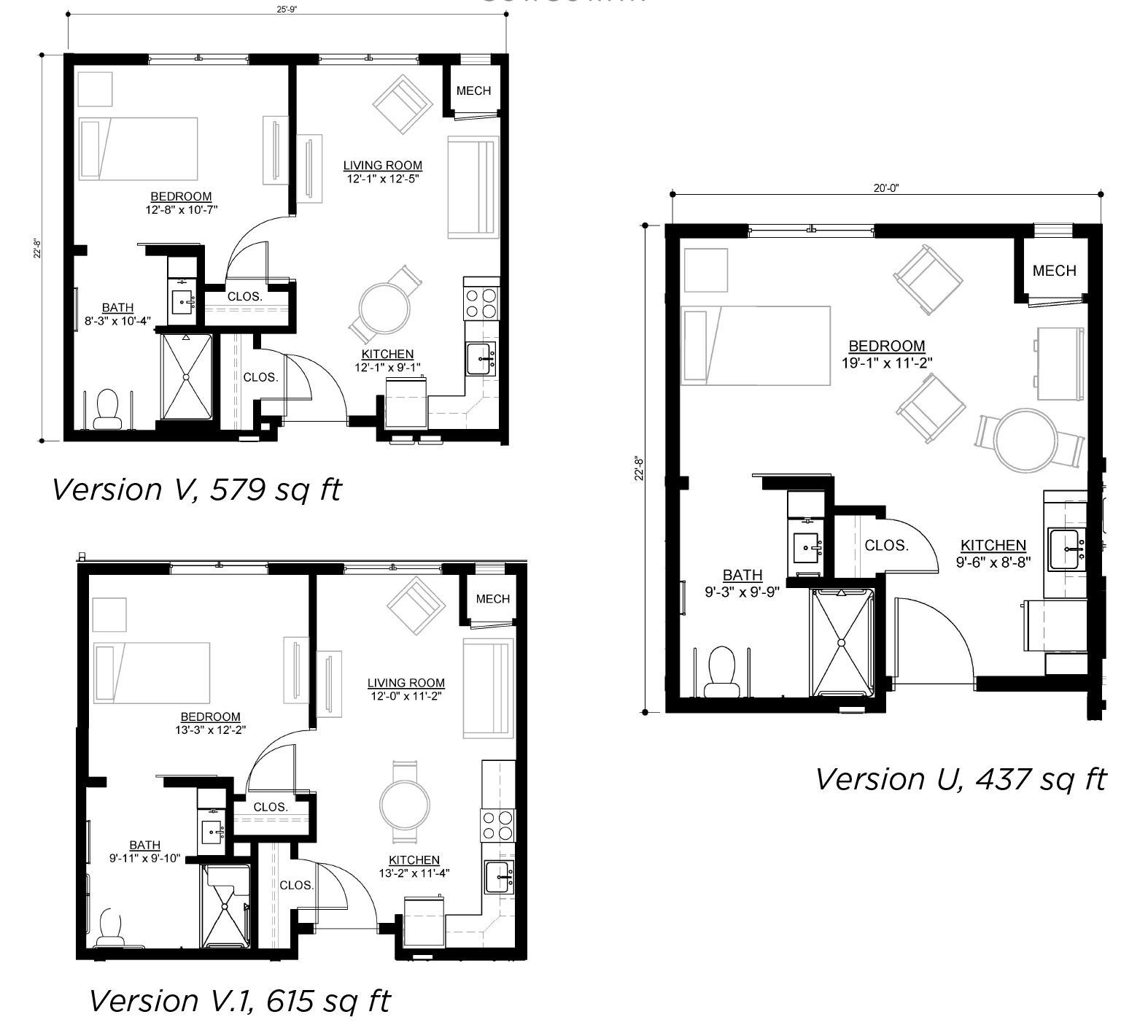 Floor plans for three apartment versions: Version U (437 sq ft), Version V (579 sq ft), and Version V.1 (615 sq ft).