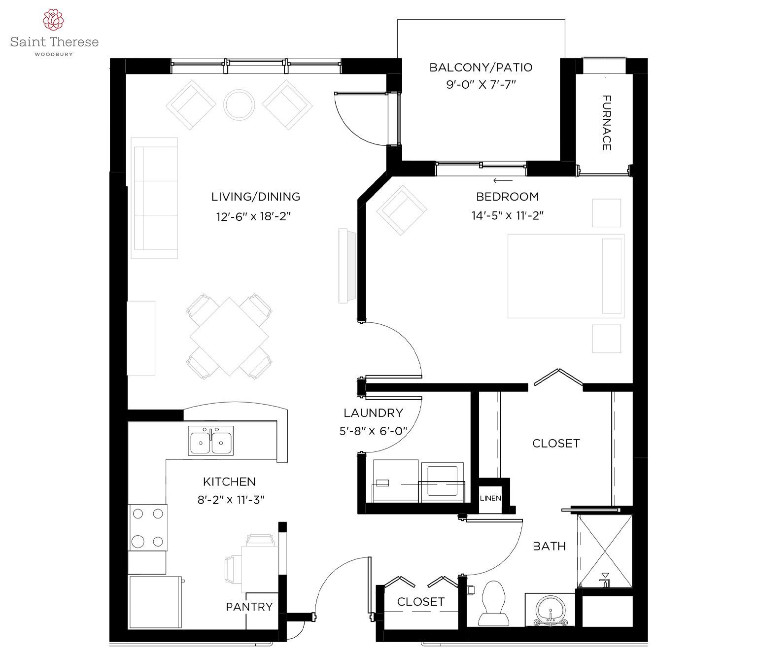 Floor plan for a one-bedroom apartment with a kitchen, living/dining area, balcony, bedroom, closet, and bathroom.