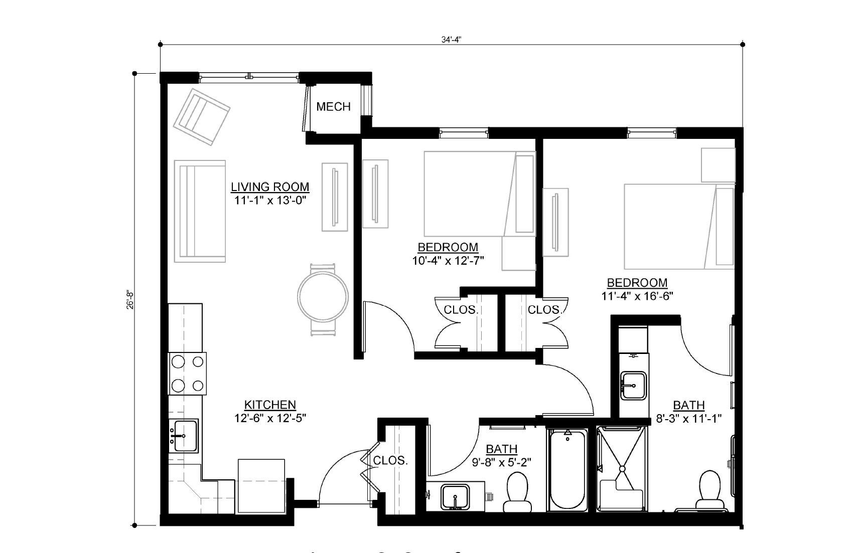 Floor plan of a two-bedroom, two-bathroom apartment featuring an open-concept kitchen, dining, and living room area.