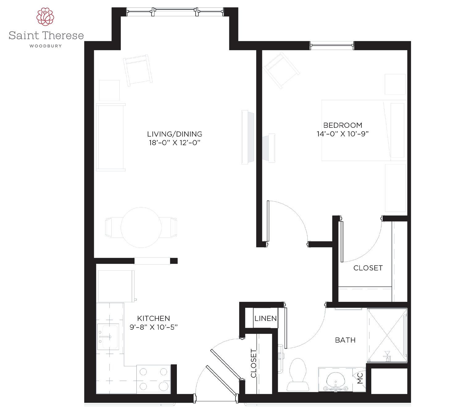 Floor plan for a one-bedroom Saint Therese residence featuring a living/dining area, kitchen, bedroom, bath, and closets.