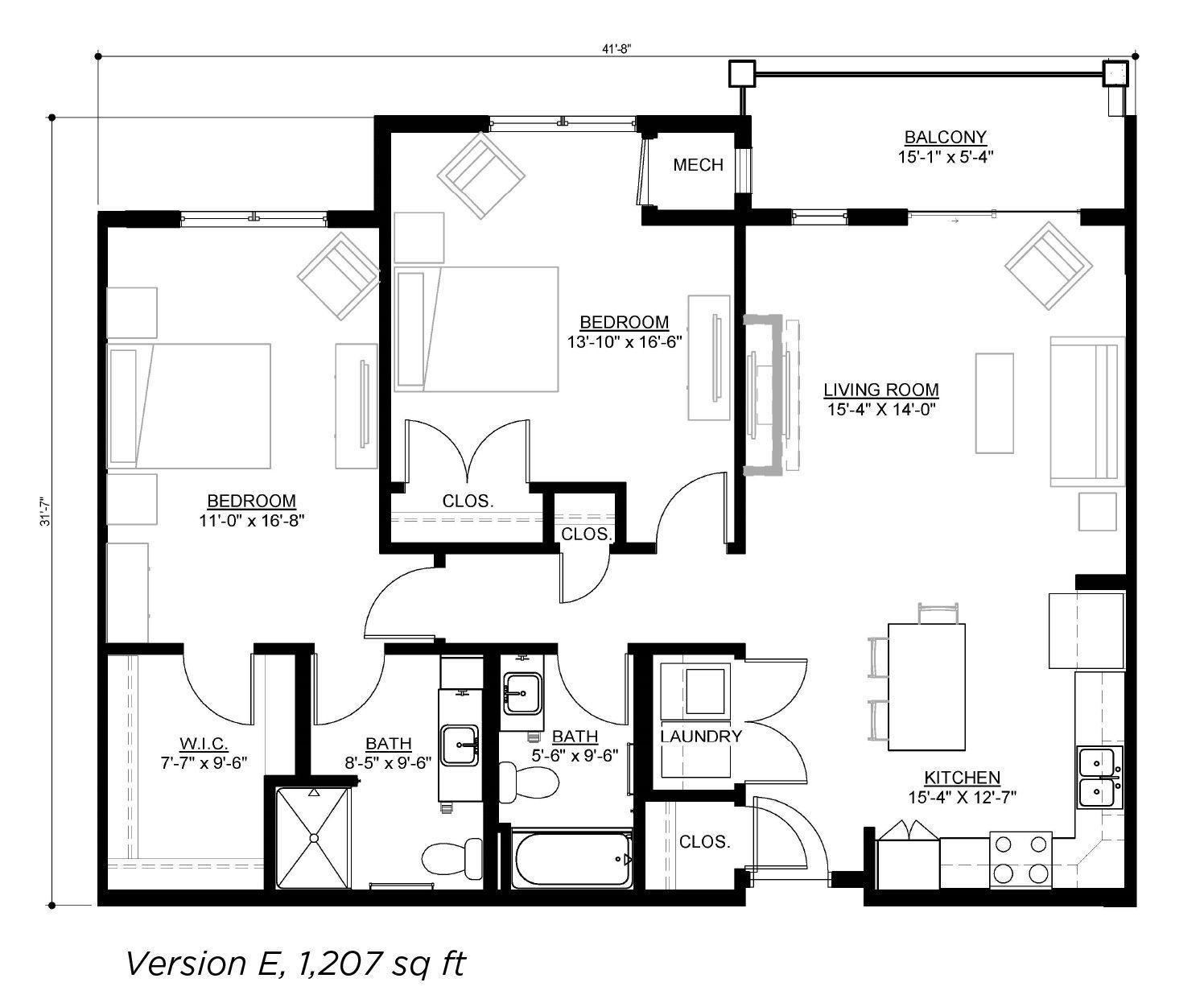 Floor plan for Version E, 1,207 sq ft apartment featuring two bedrooms, two bathrooms, kitchen, and living area.