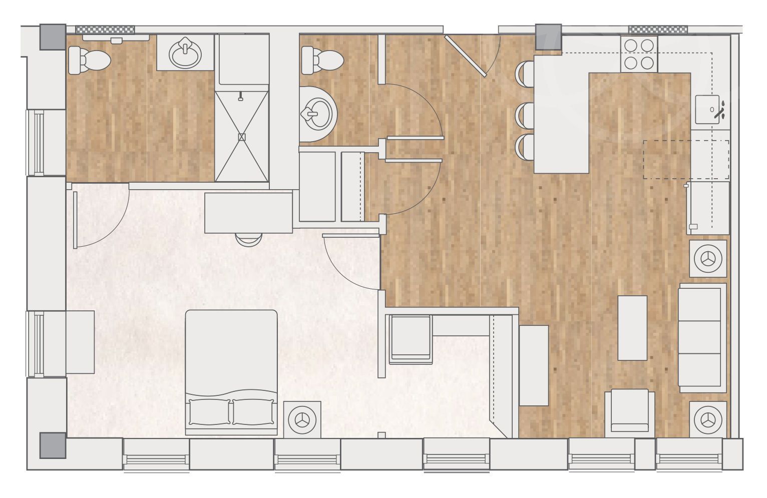 A floor plan of an apartment showing a bedroom, bathroom, closet, and an open-concept kitchen and living area.