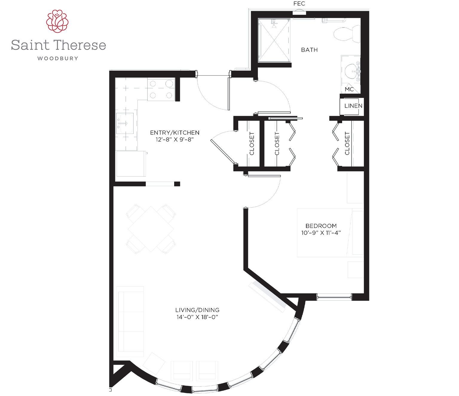 Floor plan for a Saint Therese apartment, showing a bedroom, bathroom, closet, and open living, dining, and kitchen area.