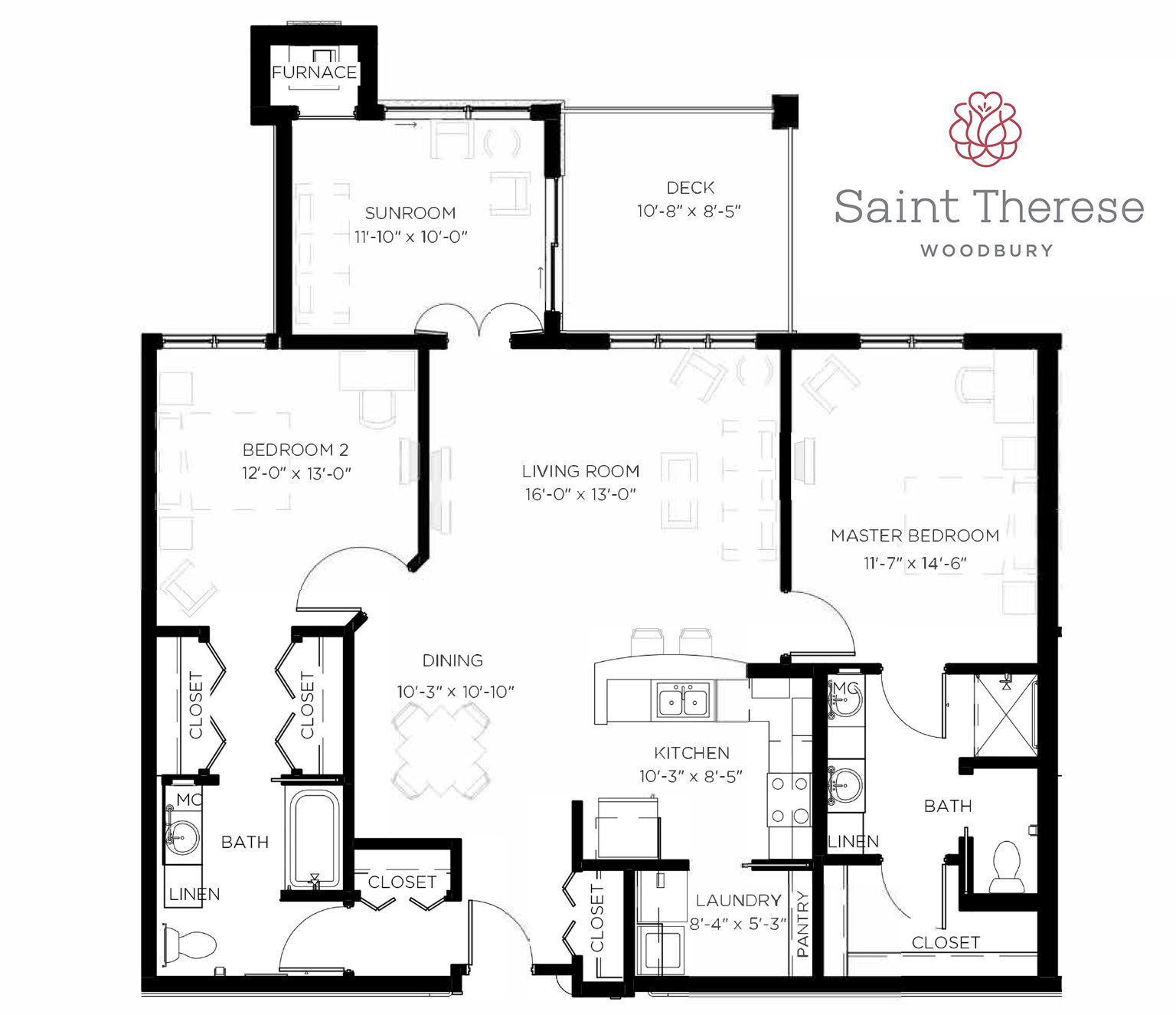 Floor plan of a Saint Therese Woodbury apartment featuring two bedrooms, two bathrooms, a living area, and a kitchen.