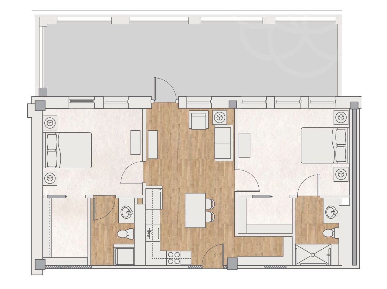 Floor plan of a two-bedroom apartment with a shared central kitchen and living area, featuring a long private balcony.