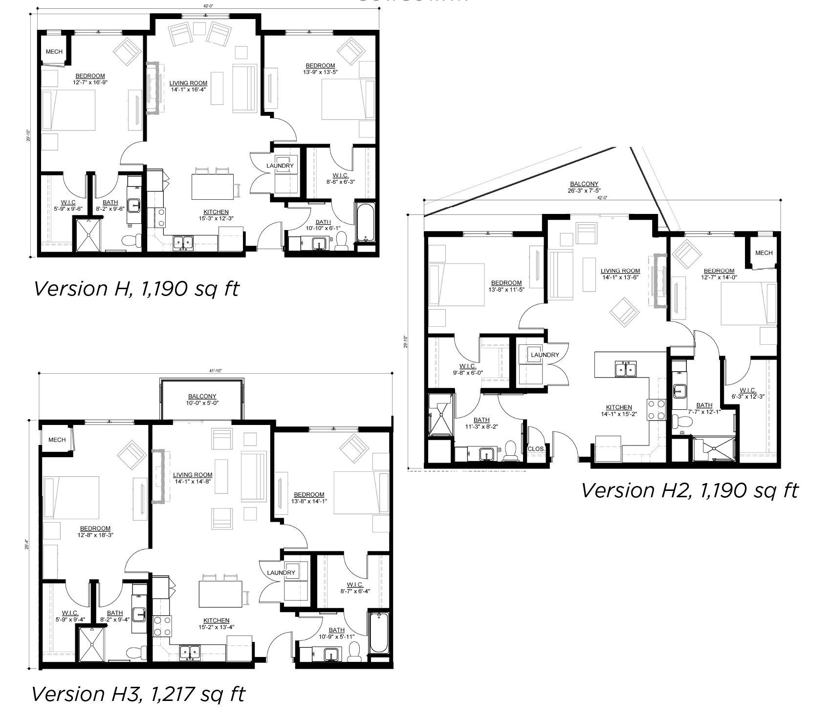 Floor plans for three variations of a living unit labeled H (1,150 sq ft), H2 (1,190 sq ft), and H3 (1,277 sq ft).