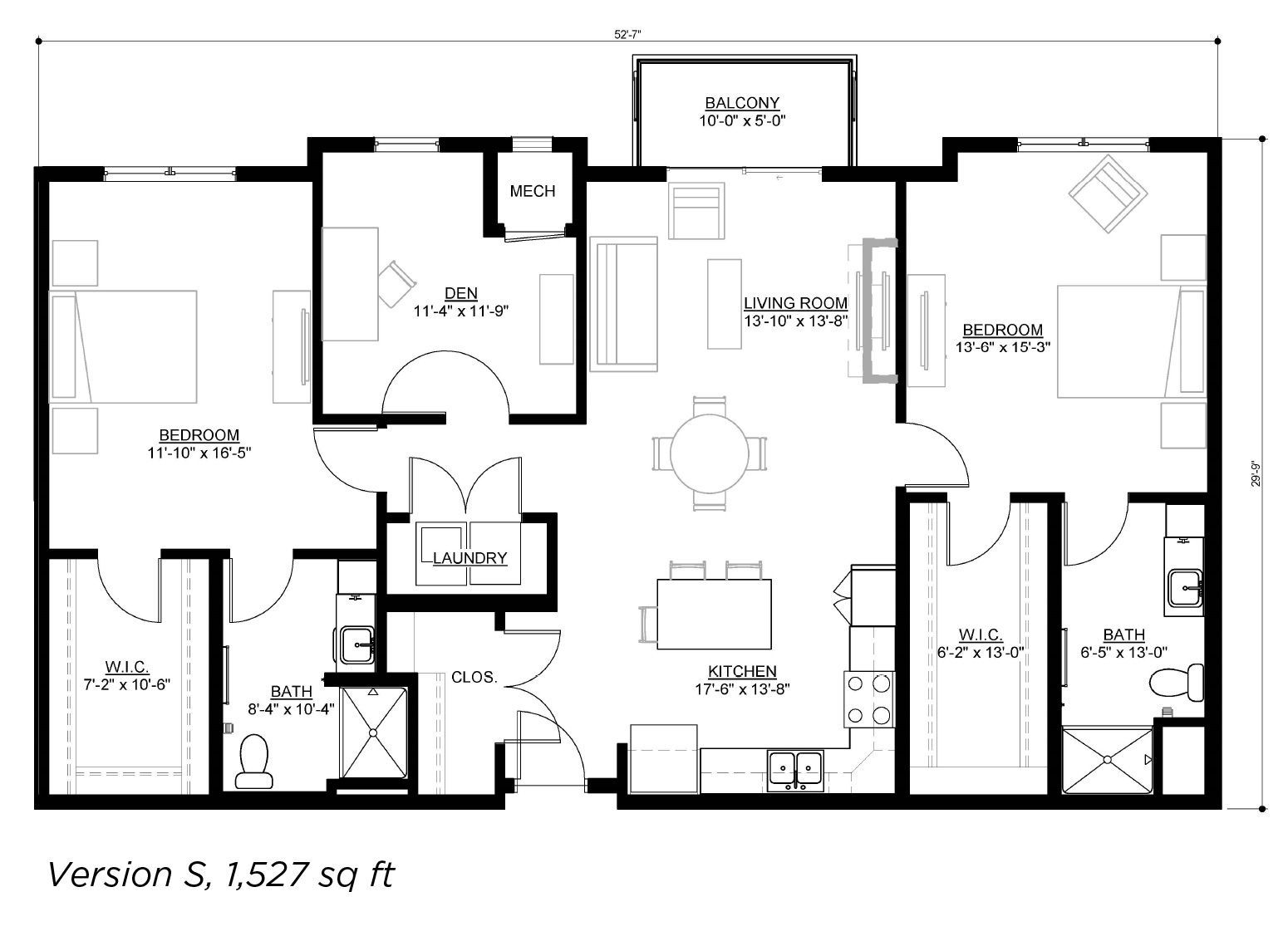 Floor plan for a 1,527 sq. ft. two-bedroom apartment with a living room, kitchen, balcony, and two bathrooms.