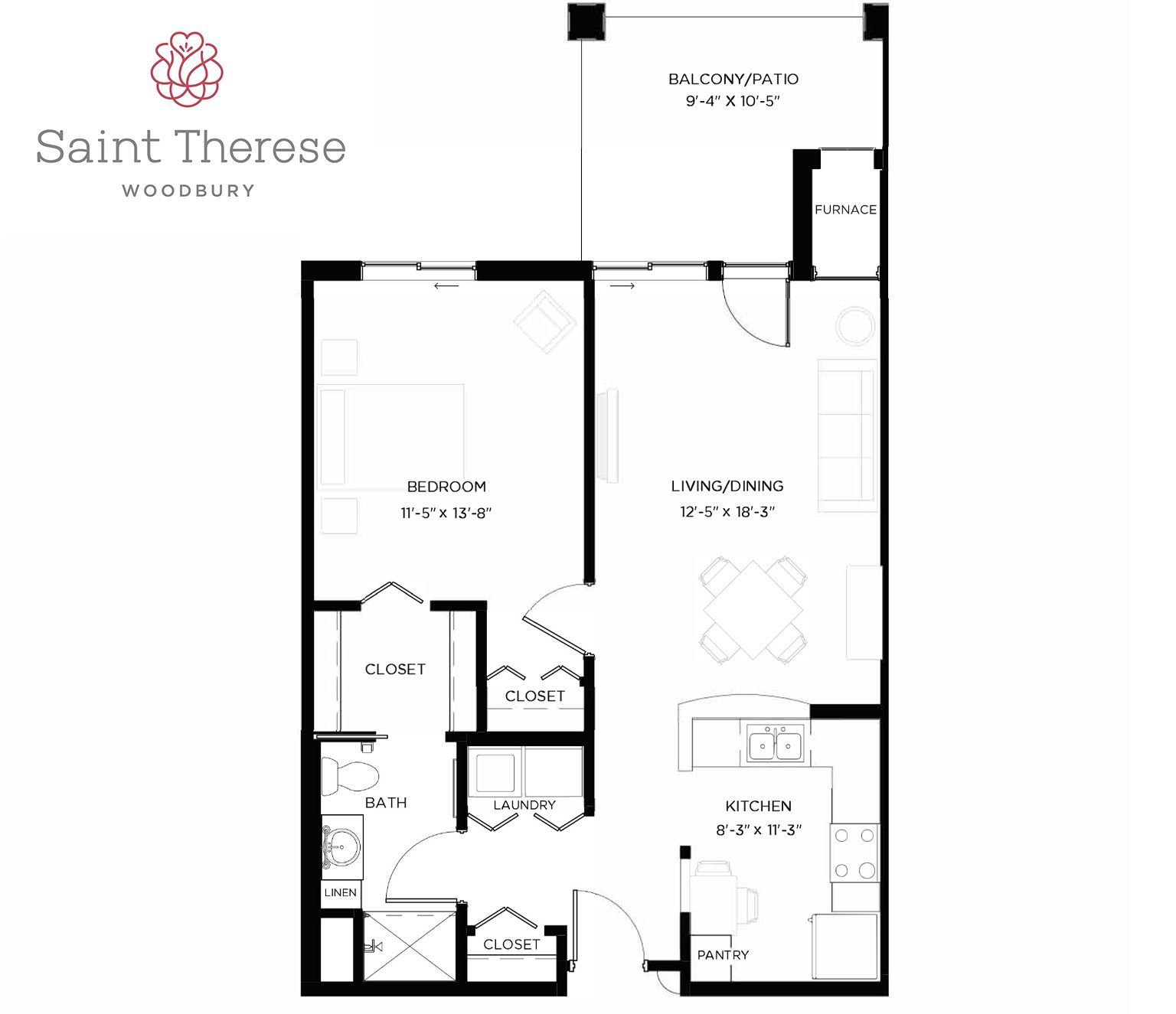 Floor plan for a Saint Therese Woodbury one-bedroom apartment with a living/dining area, kitchen, balcony, and bathroom.