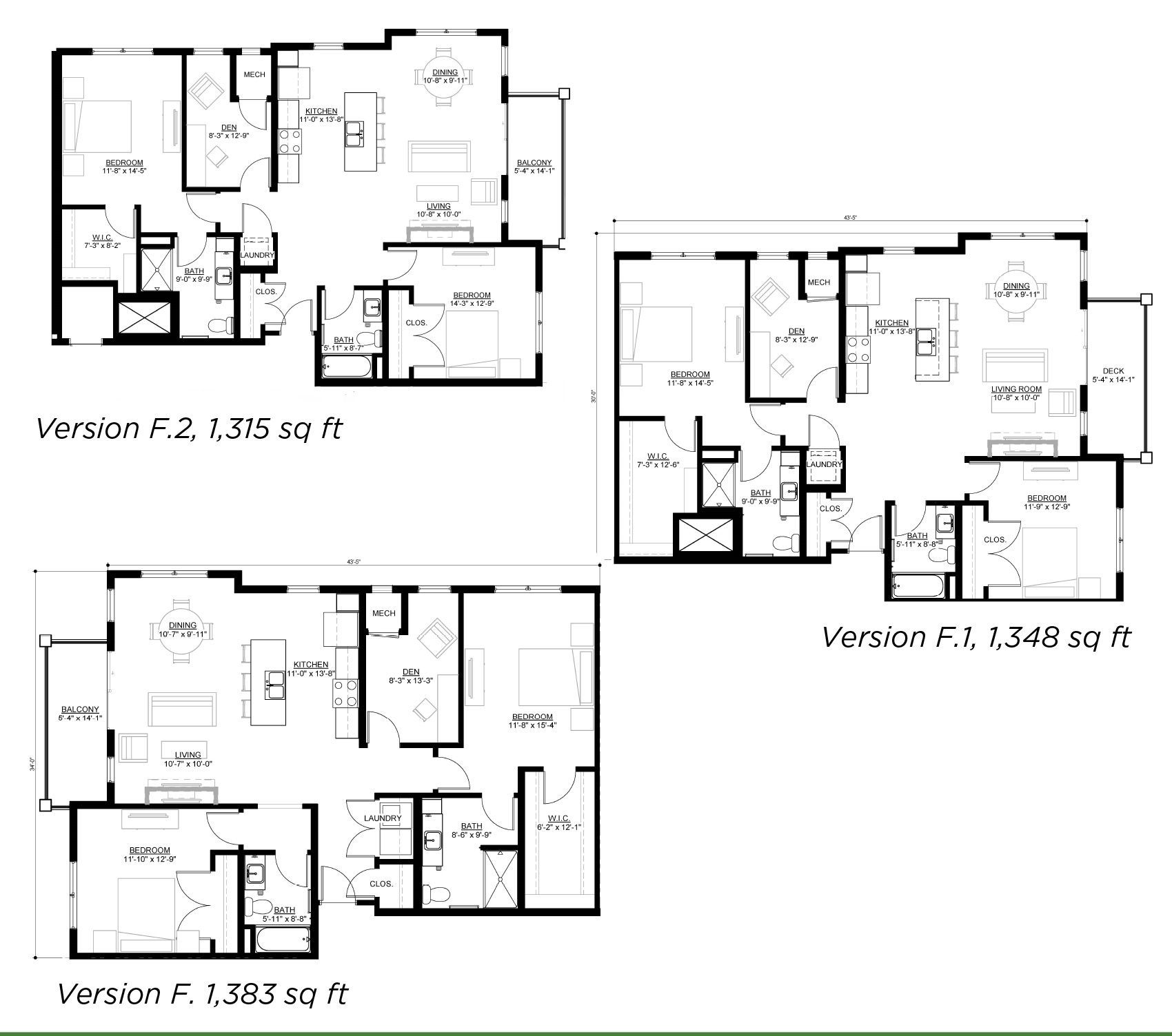 Three floor plan layouts for residential apartments labeled Version F, F.1, and F.2 with square footage included.