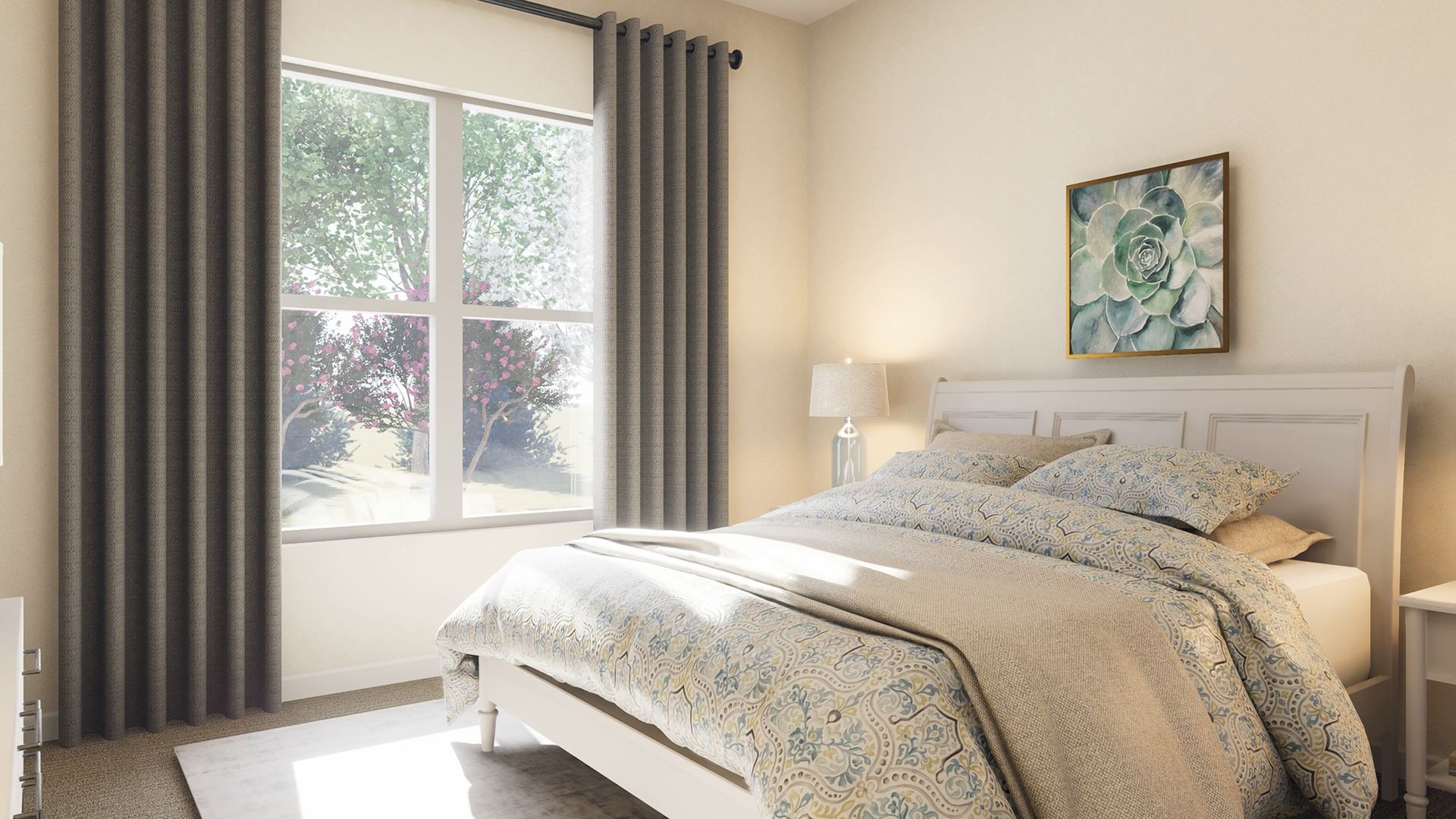 A bedroom featuring a bed with a patterned comforter, dark curtains over a window, and wall art above a headboard.